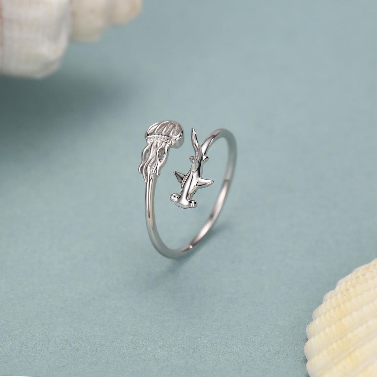 Sterling Silver Hammerhead Shark and Jellyfish Open Ring