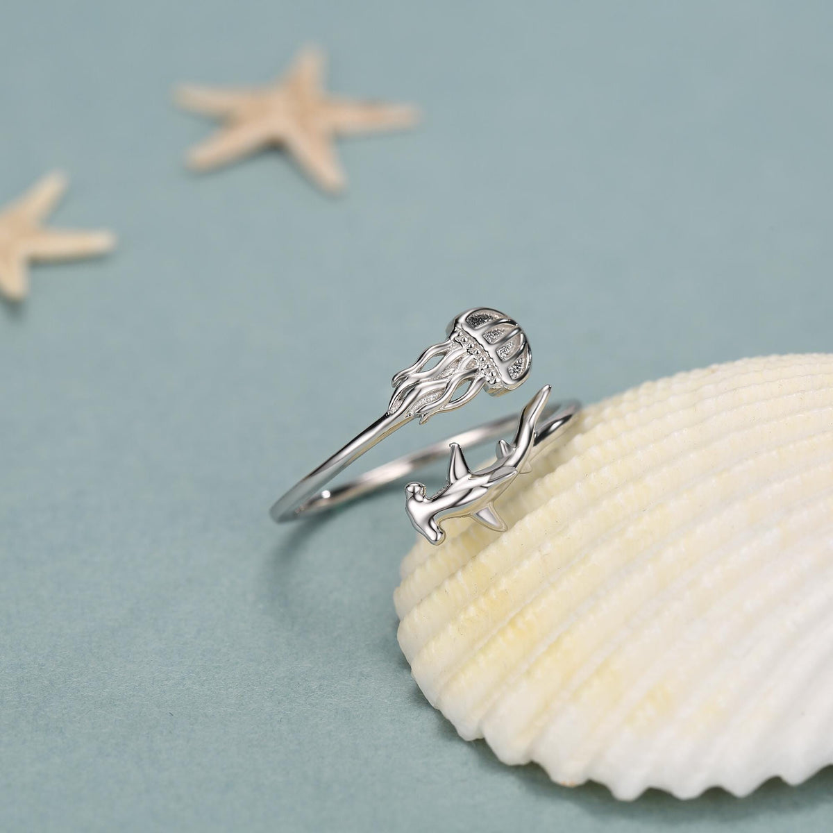 Sterling Silver Hammerhead Shark and Jellyfish Open Ring