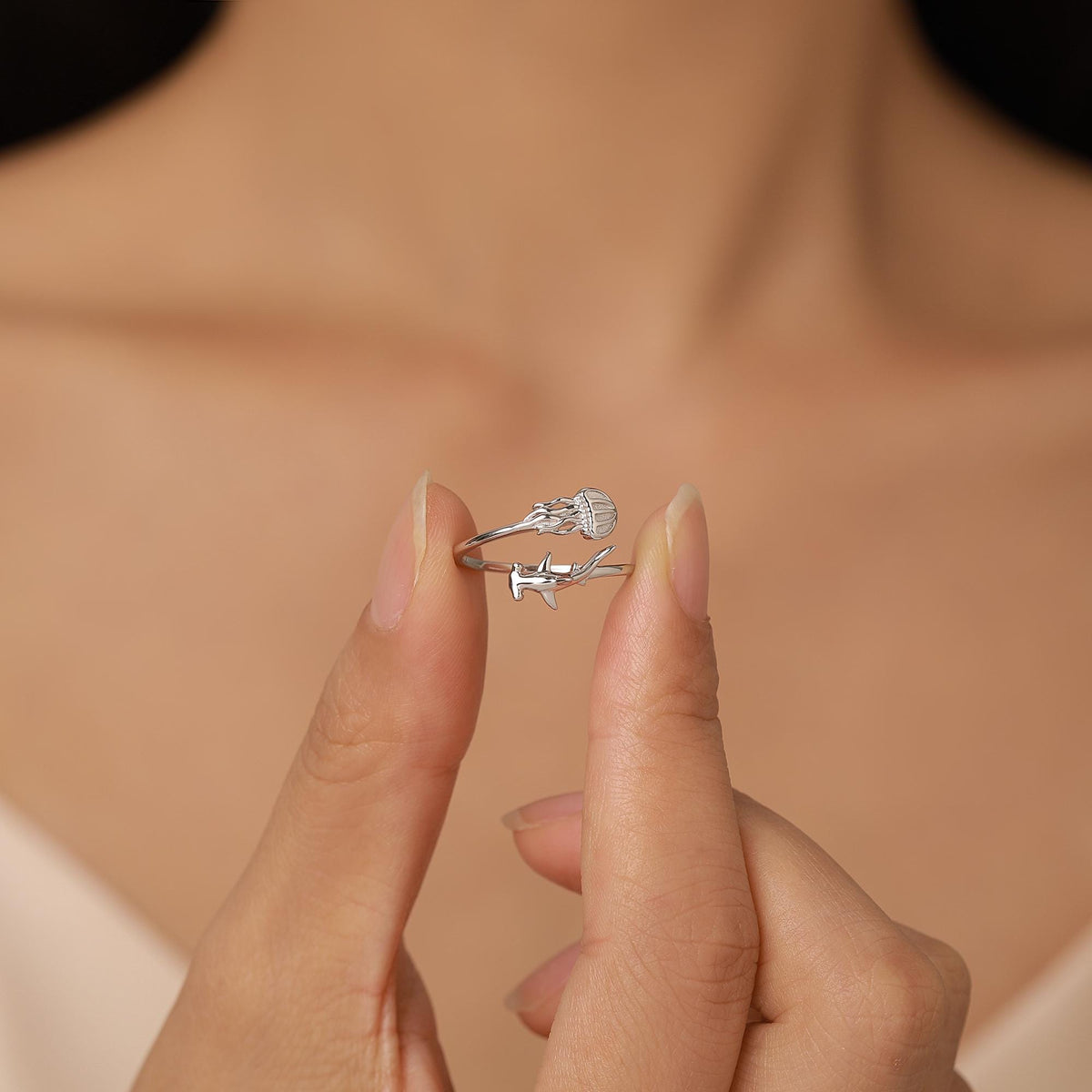 Sterling Silver Hammerhead Shark and Jellyfish Open Ring