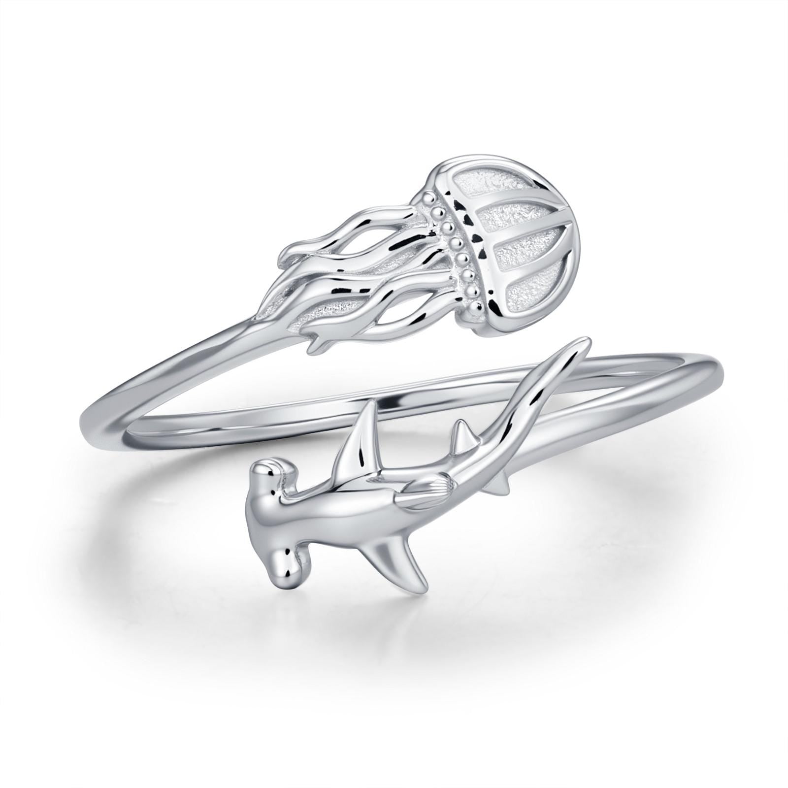 Sterling Silver Hammerhead Shark and Jellyfish Open Ring