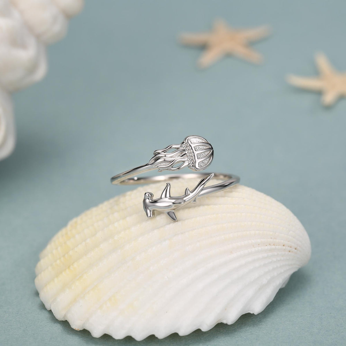 Sterling Silver Hammerhead Shark and Jellyfish Open Ring