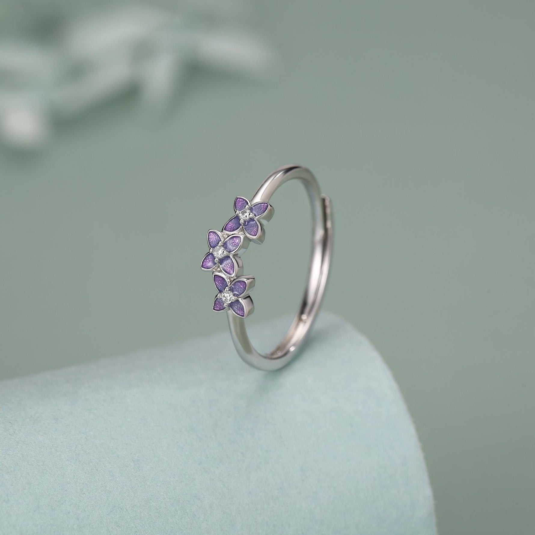 Sterling Silver Enamel Hydrangea and CZ Ring