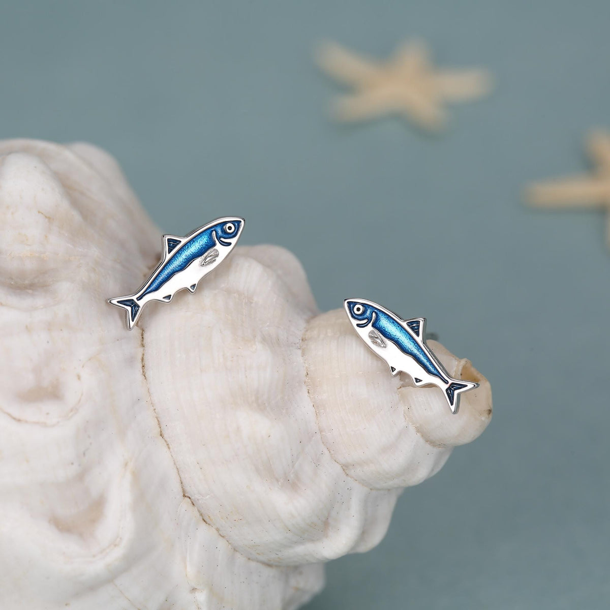 Sterling Silver Blue Enamel Sardine Stud Earrings