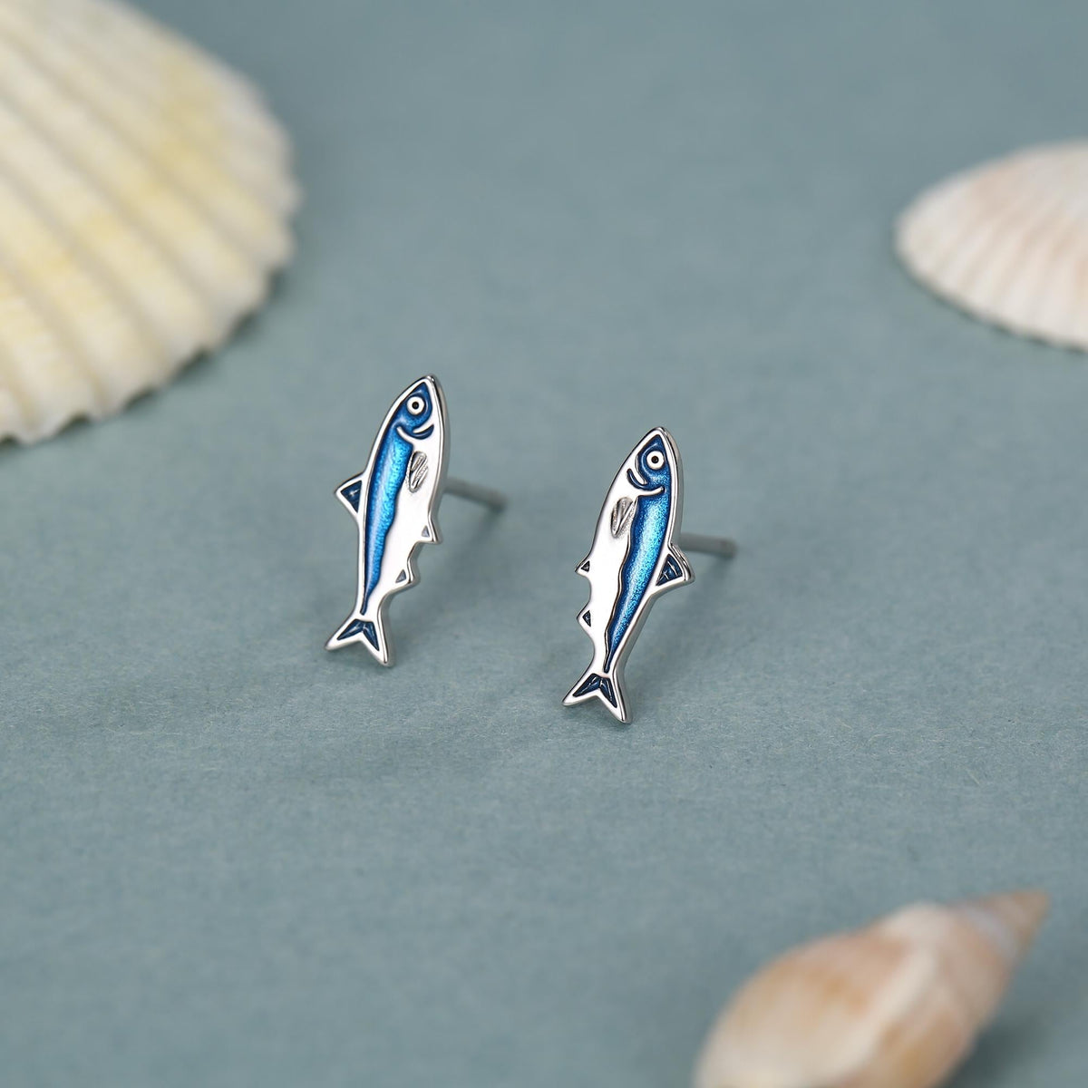 Sterling Silver Blue Enamel Sardine Stud Earrings