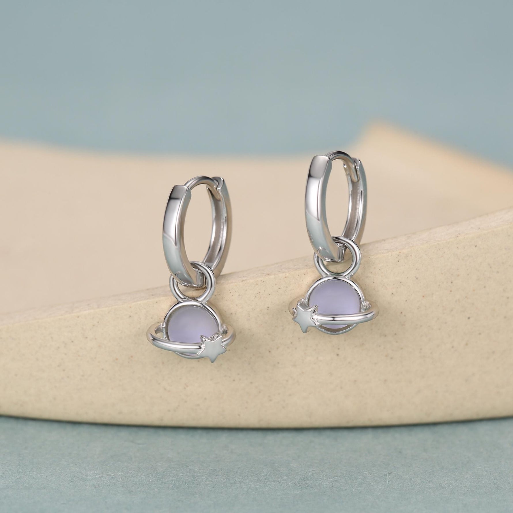 Sterling Silver Planet Charm Huggie Hoop Earrings
