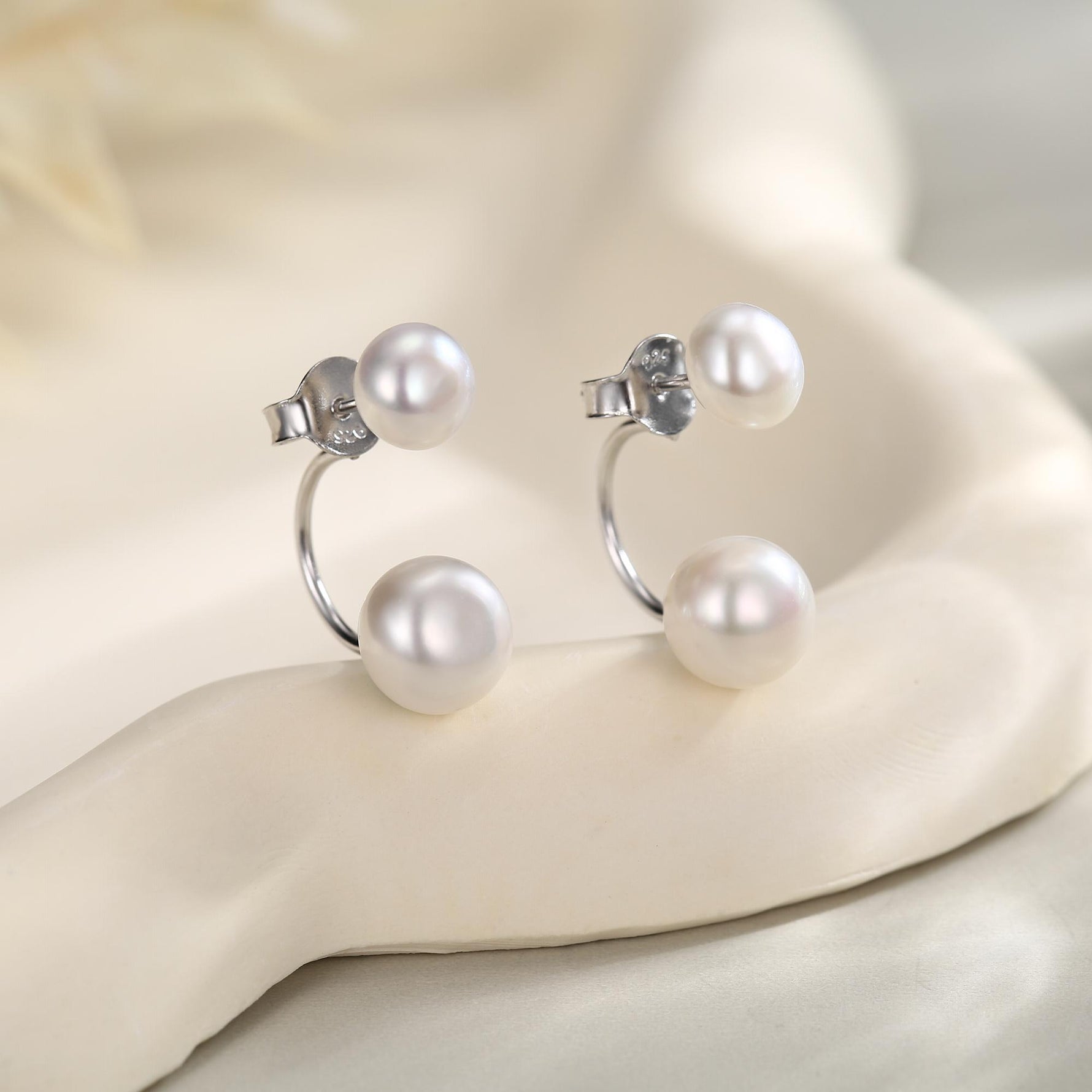 Sterling Silver Double Pearl Ear Jacket Earrings - Genuine Freshwater Pearls