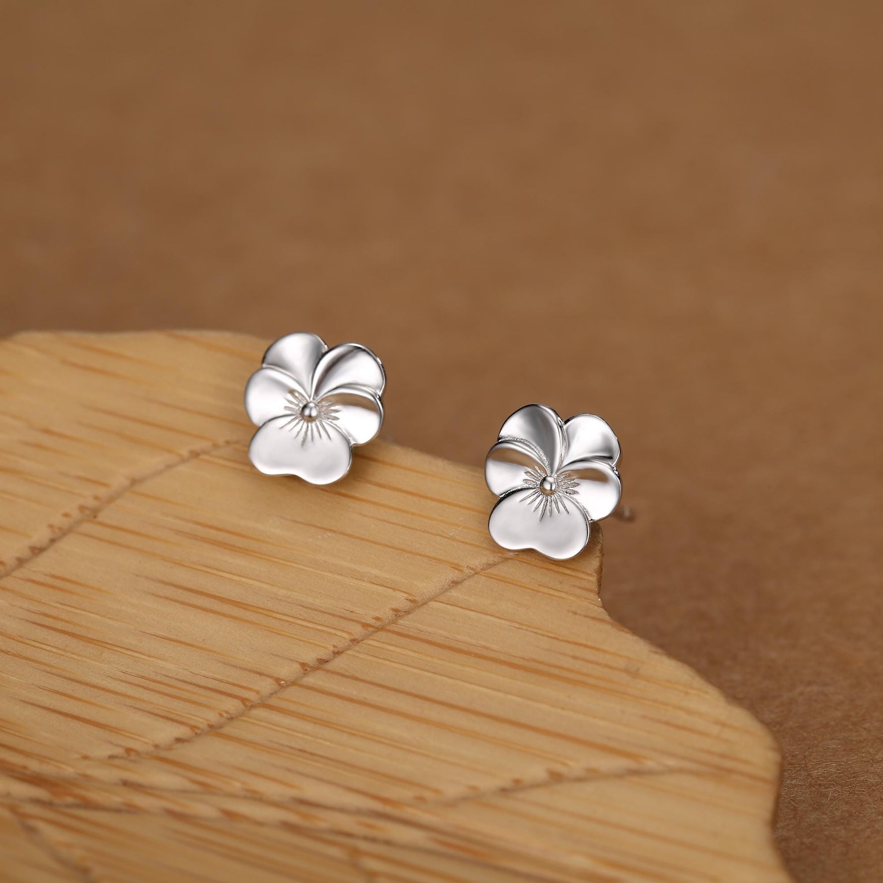 Sterling Silver Pansy Flower Stud Earrings