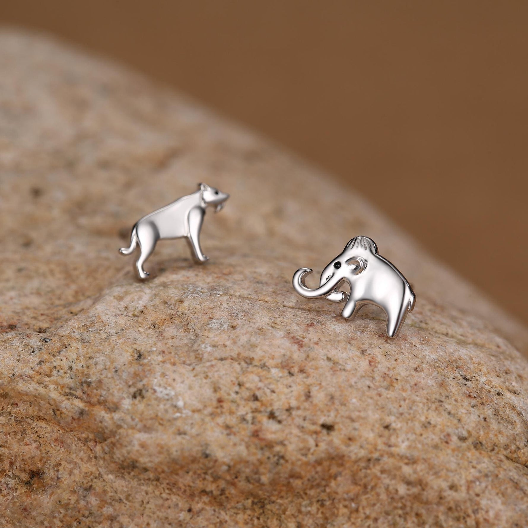 Sterling Silver Mismatched Mammoth and Sabertooth Tiger Stud Earrings