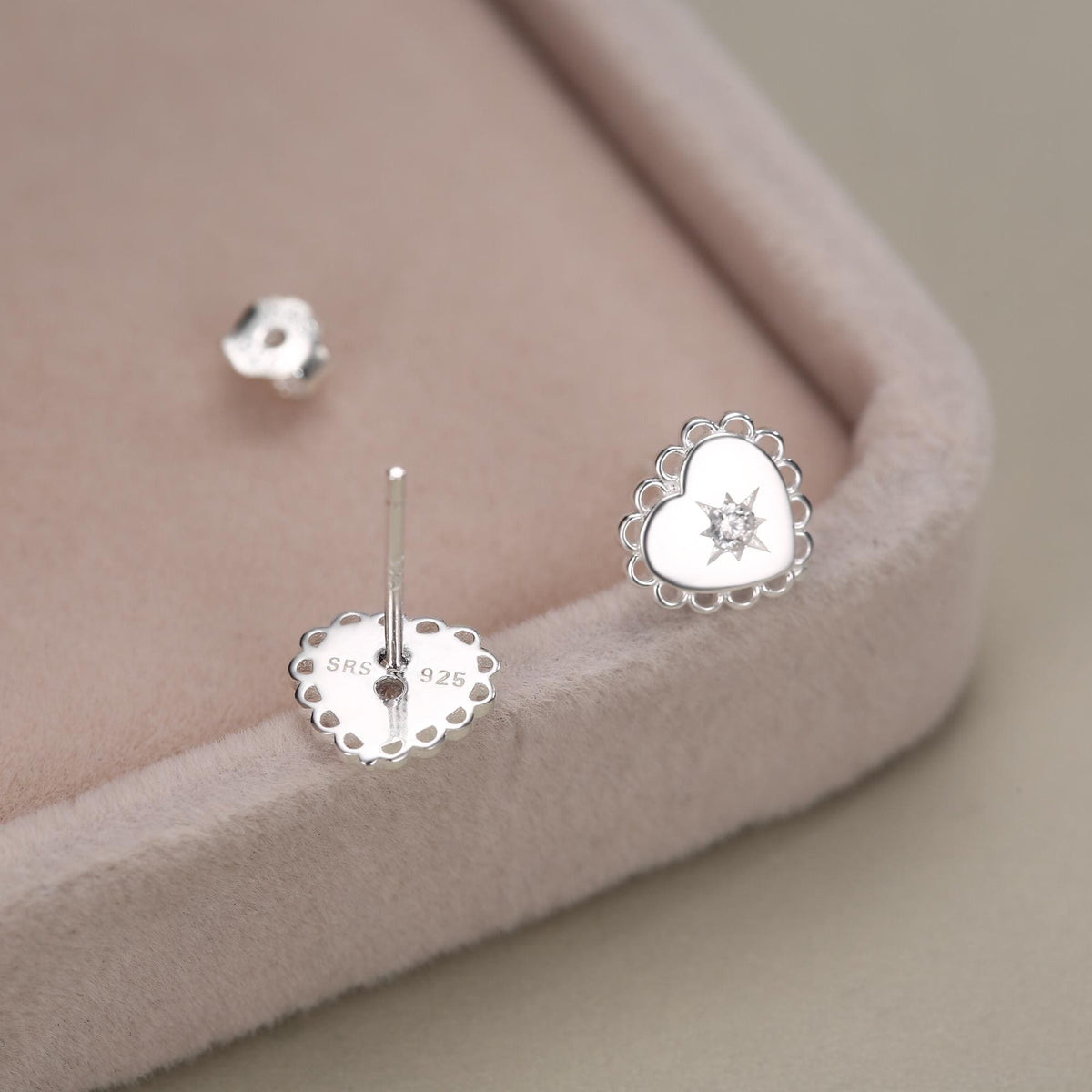 Sterling Silver Lace Edge Starburst Heart CZ Stud Earrings
