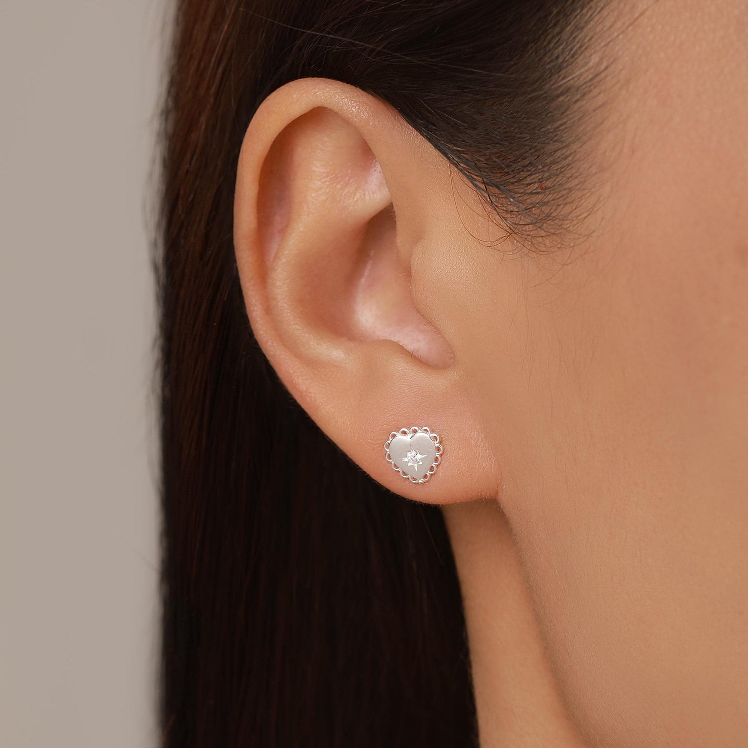 Sterling Silver Lace Edge Starburst Heart CZ Stud Earrings