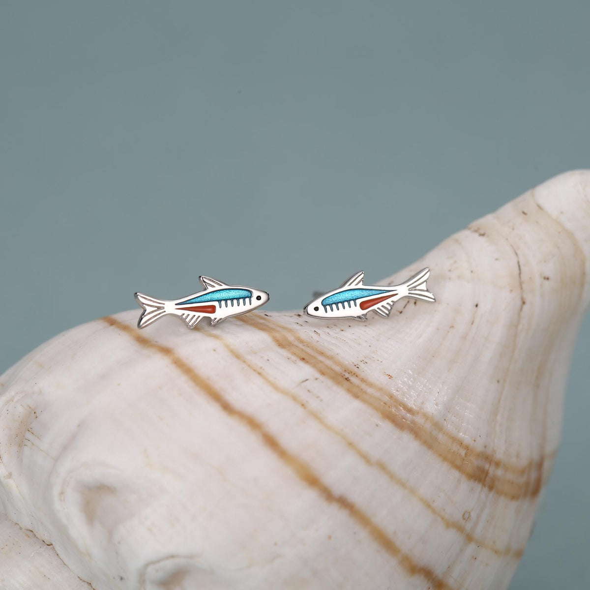 Sterling Silver Neon Tetra Fish Enamel Stud Earrings