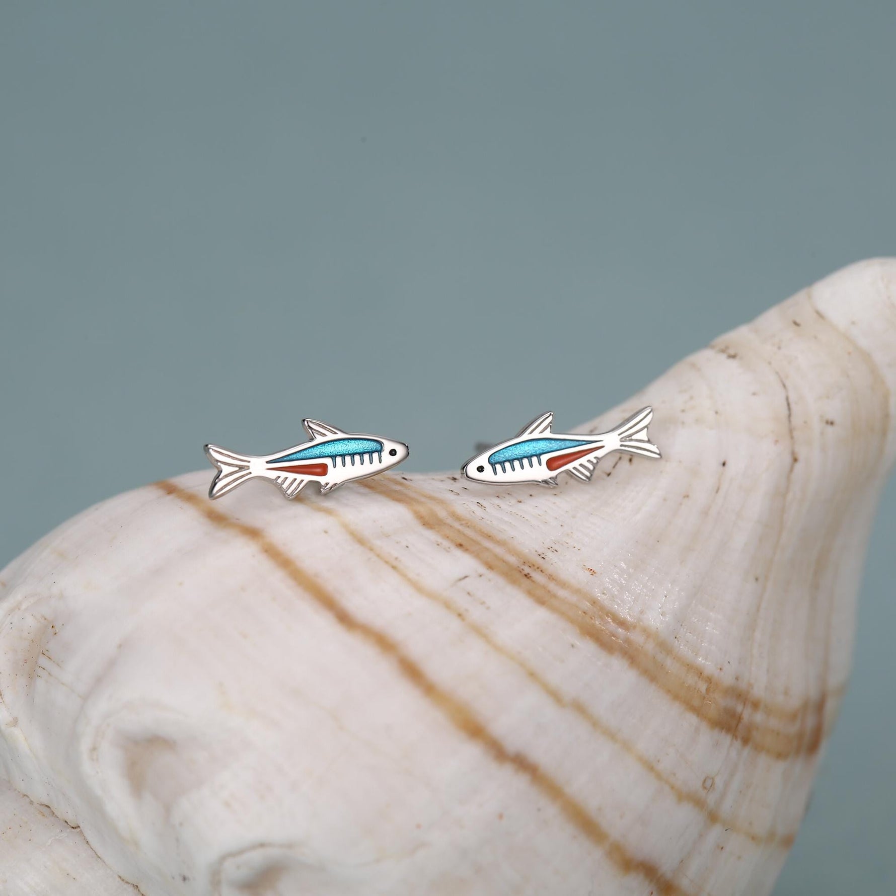 Sterling Silver Neon Tetra Fish Enamel Stud Earrings