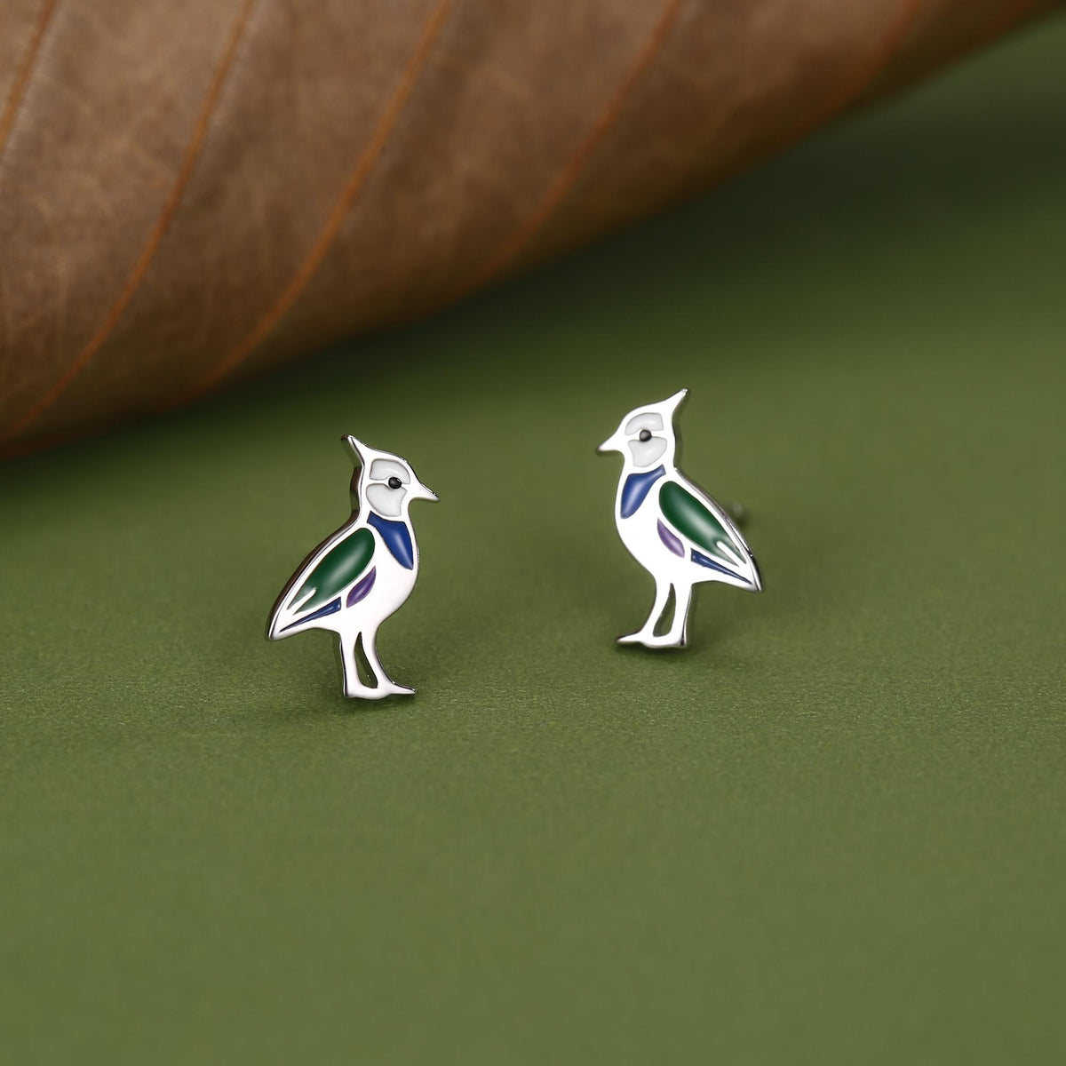 Sterling Silver Lapwing Enamel Bird Stud Earrings