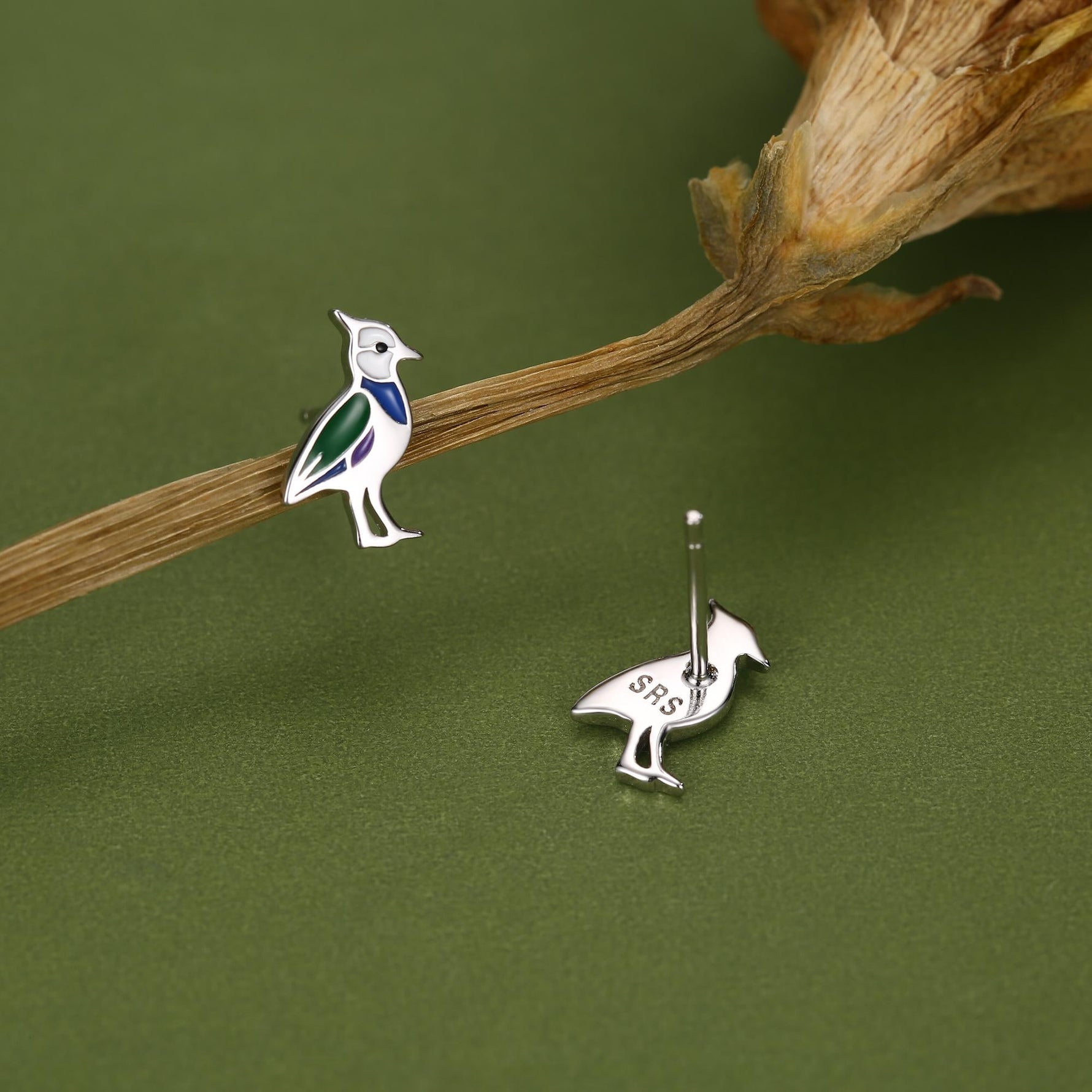 Sterling Silver Lapwing Enamel Bird Stud Earrings