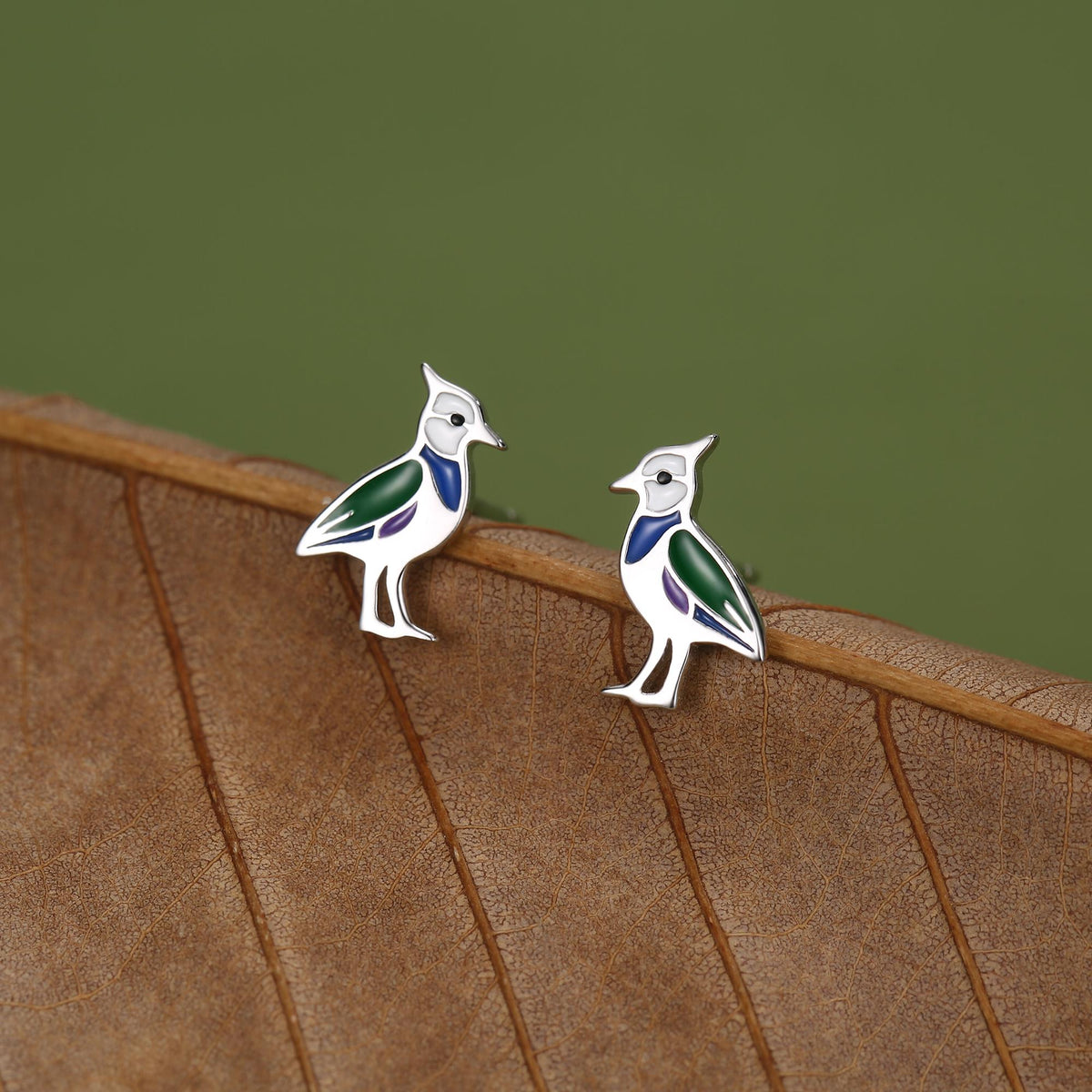 Sterling Silver Lapwing Enamel Bird Stud Earrings