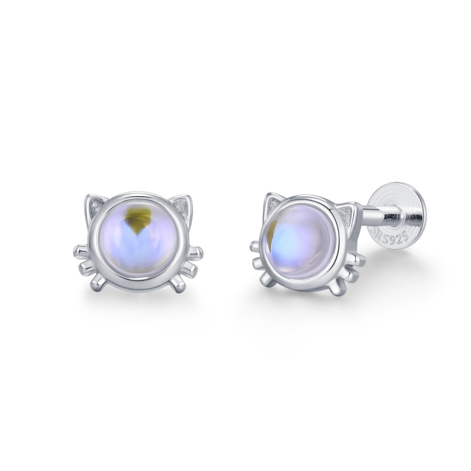 Sterling Silver Moonstone Cat 16G Flat Back Labret Earrings