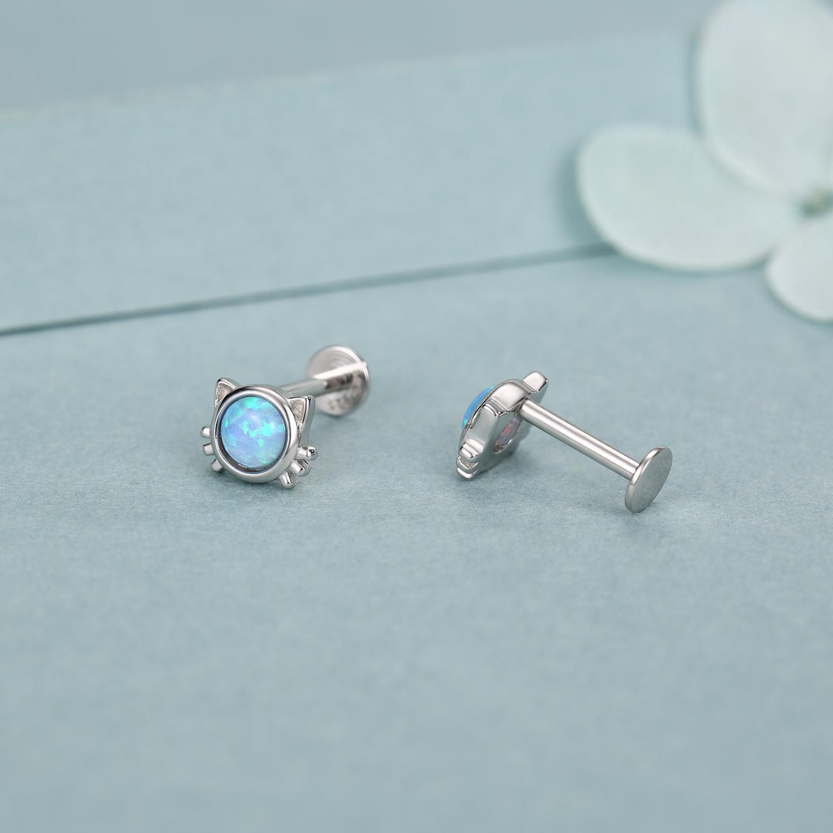 Sterling Silver Opal Cat 16G Flat Back Labret Earrings