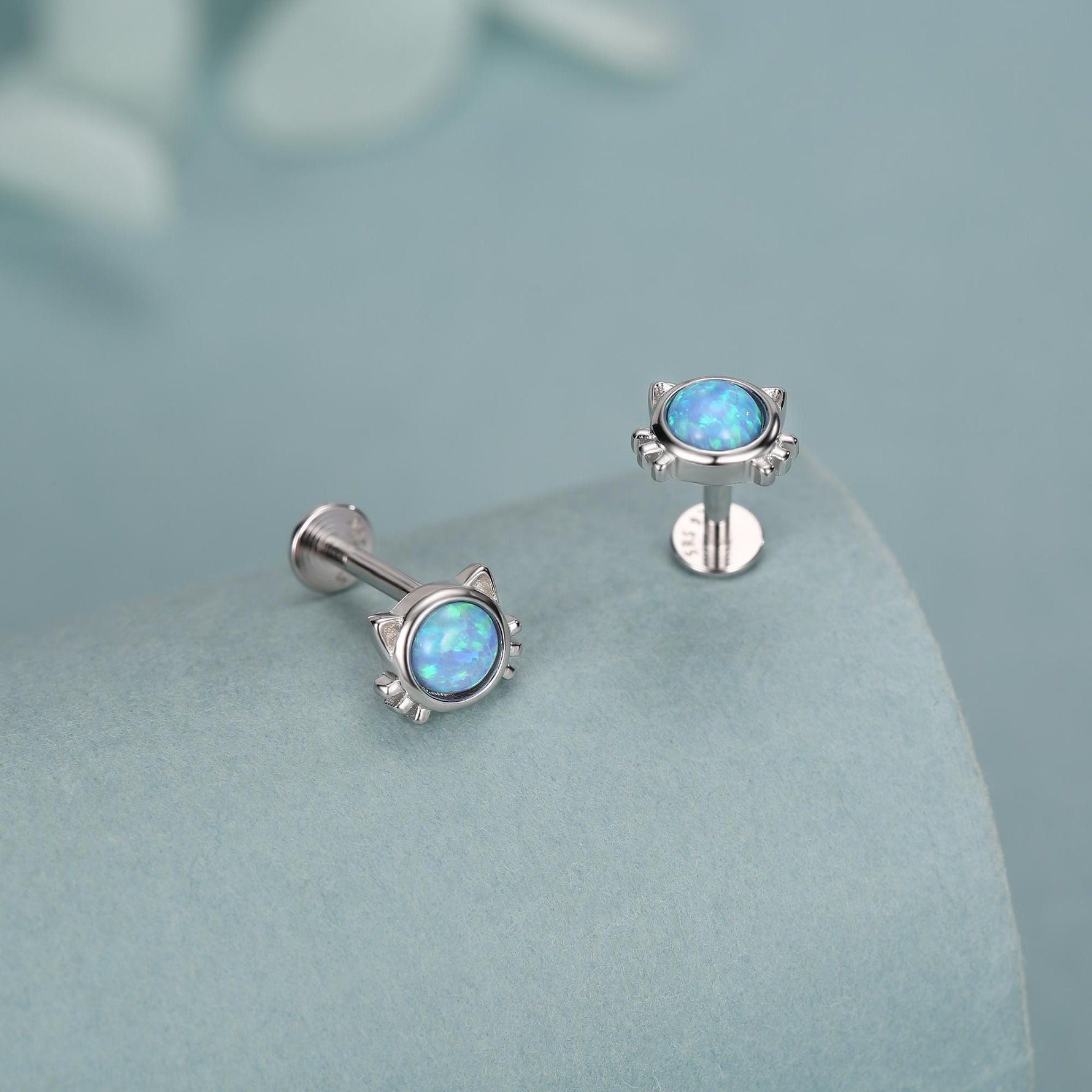 Sterling Silver Opal Cat 16G Flat Back Labret Earrings