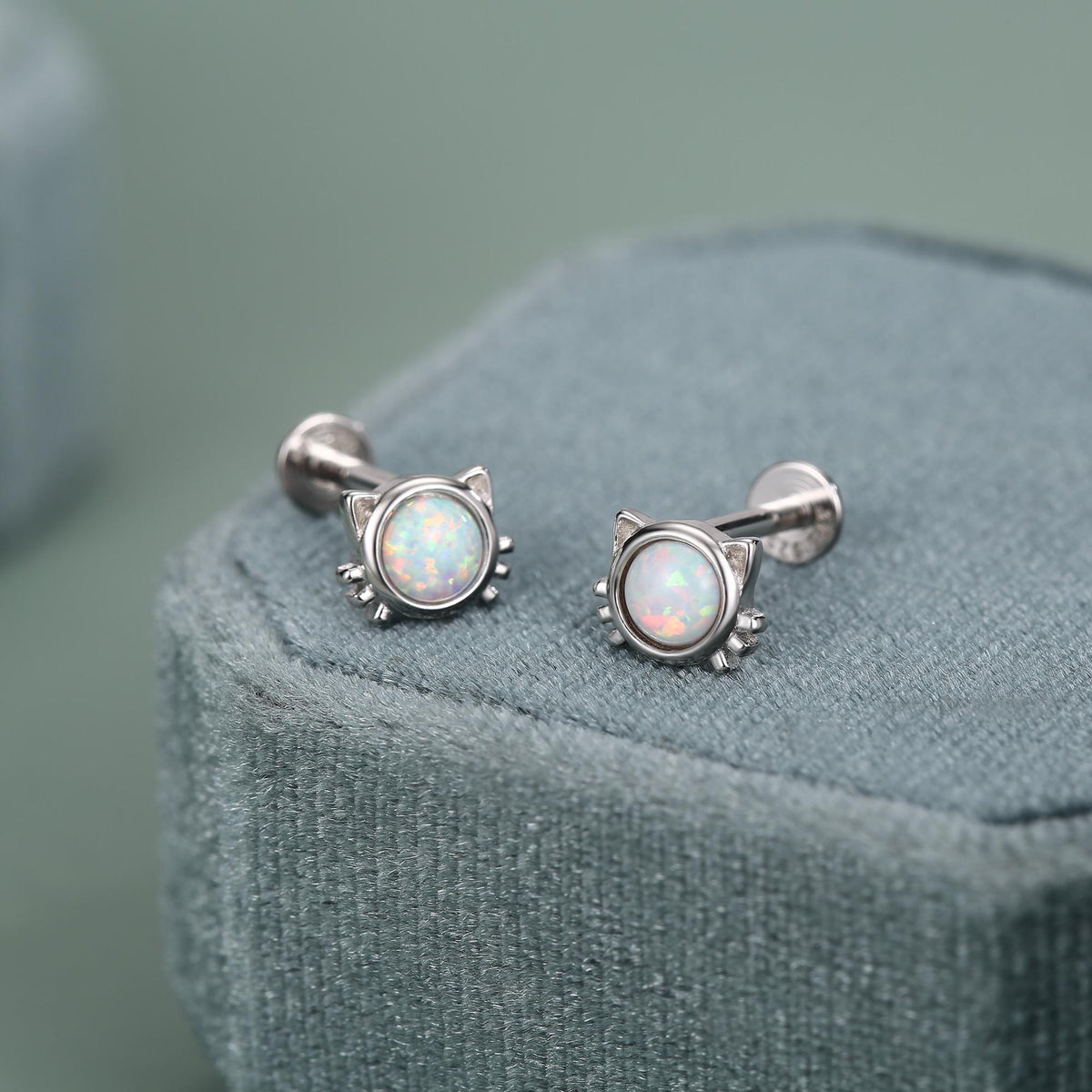 Sterling Silver White Opal Cat 16G Flat Back Labret Earrings