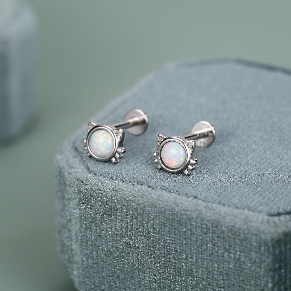Sterling Silver White Opal Cat 16G Flat Back Labret Earrings