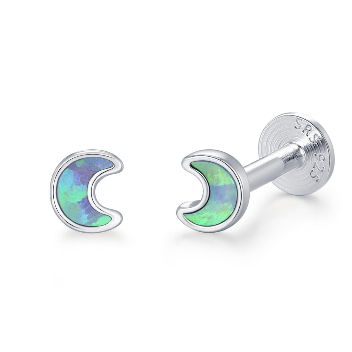 Sterling Silver Opal Crescent Moon 16G Flat Back Labret Earrings