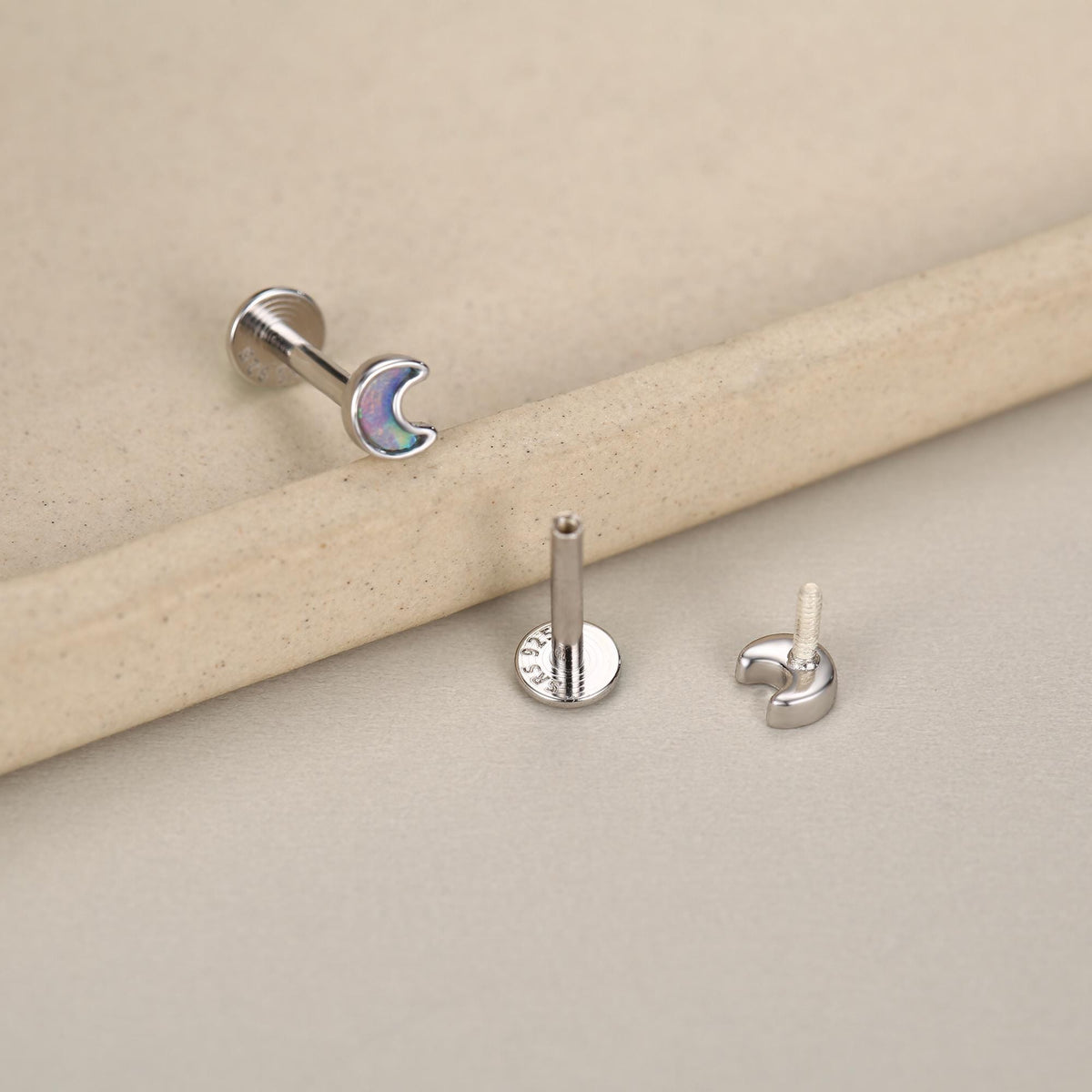 Sterling Silver Opal Crescent Moon 16G Flat Back Labret Earrings