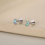 Sterling Silver Opal Crescent Moon 16G Flat Back Labret Earrings