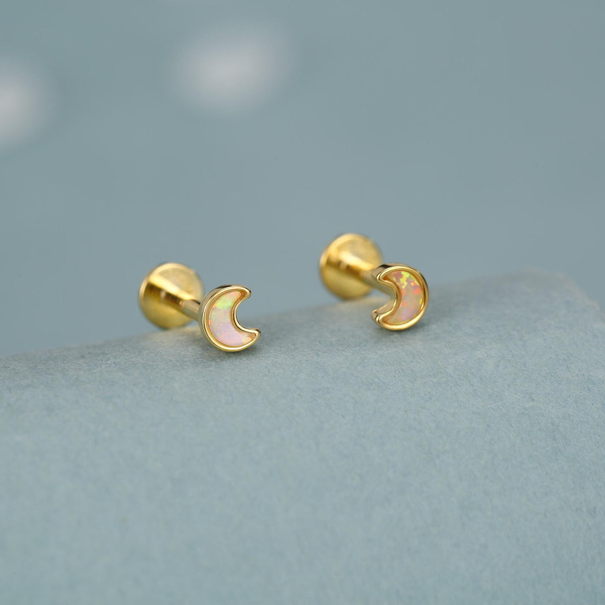Sterling Silver Opal Moon 16G Flat Back Labret Earrings