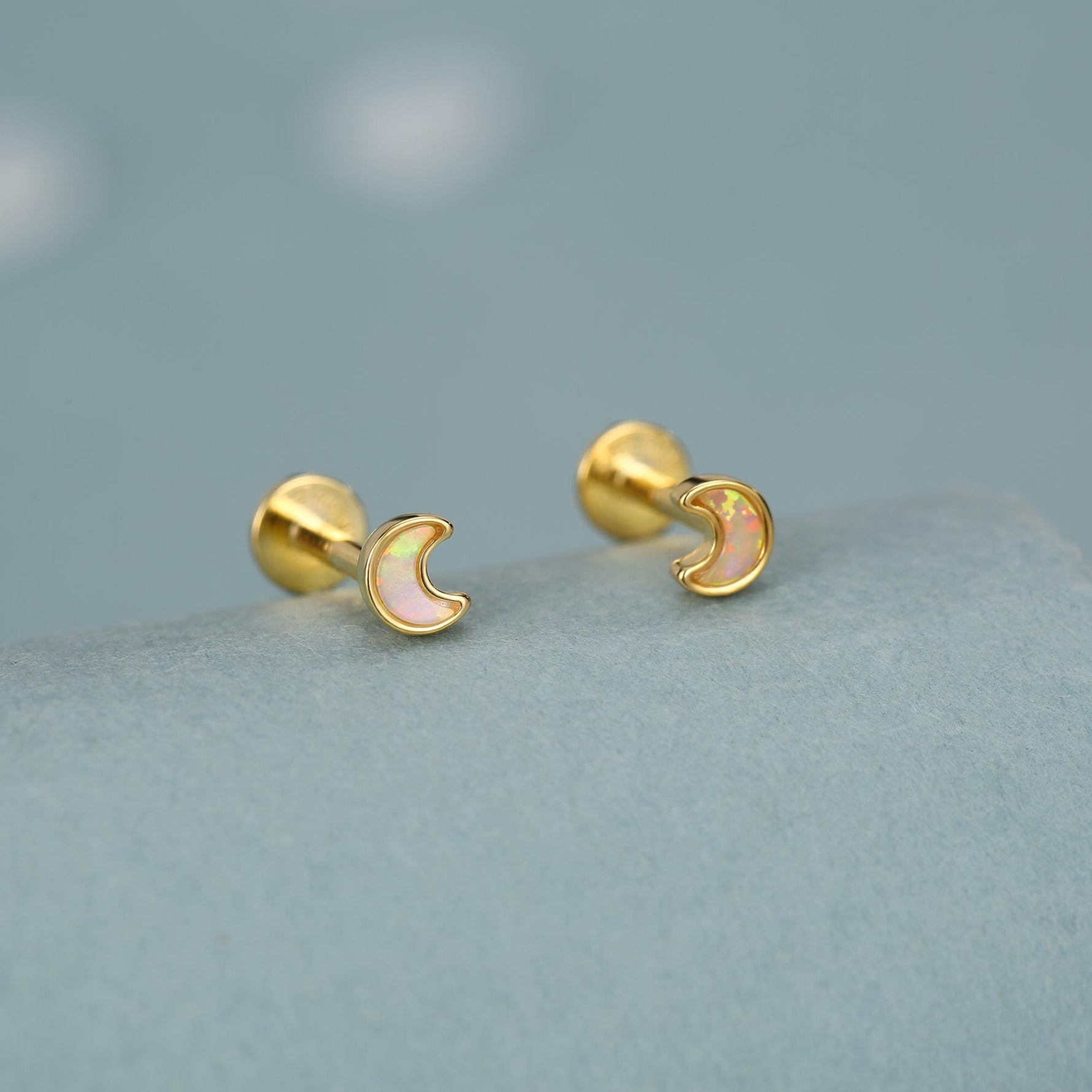 Sterling Silver Opal Moon 16G Flat Back Labret Earrings