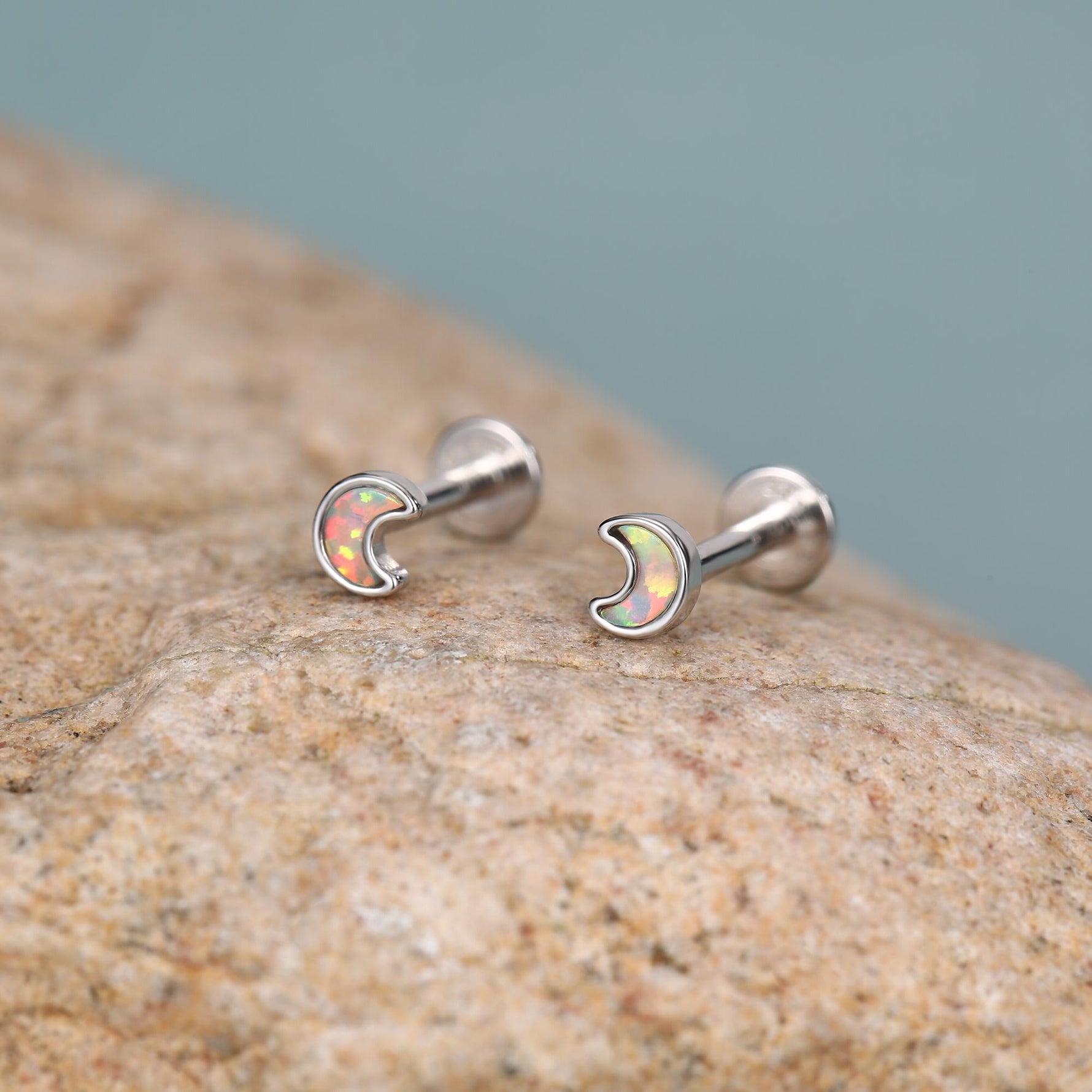 Sterling Silver Opal Moon 16G Flat Back Labret Earrings