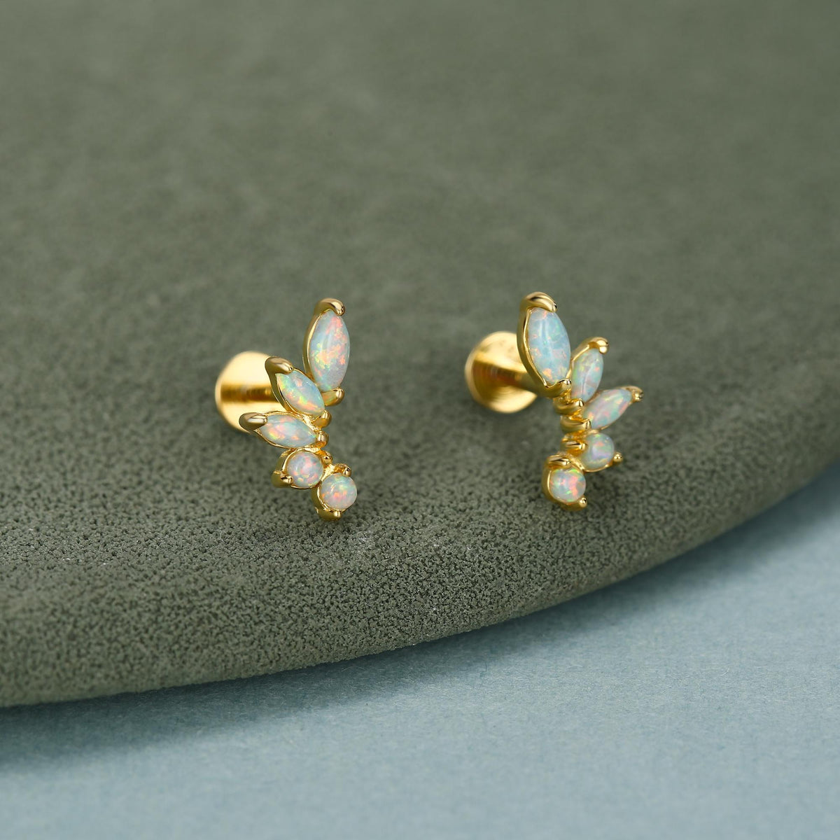 Sterling Silver Opal Cluster 16G Flat Back Labret Earrings