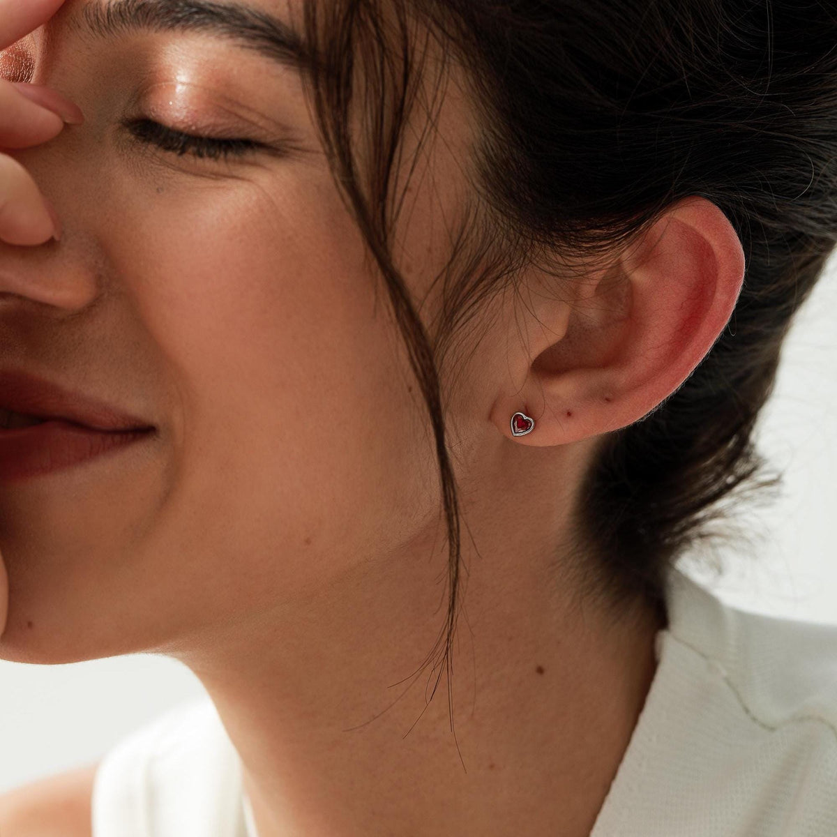 Tiny Garnet Red CZ Heart Stud Earrings in Sterling Silver, Silver or Gold, Red Crystal Heart Earrings, Stacking Earrings