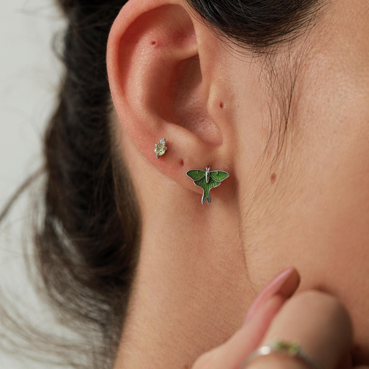 Lunar Moth Enamel Stud Earrings in Sterling Silver, Green Enamel Butterfly Earrings, Insect Earrings, Nature Inspired Animal Earrings