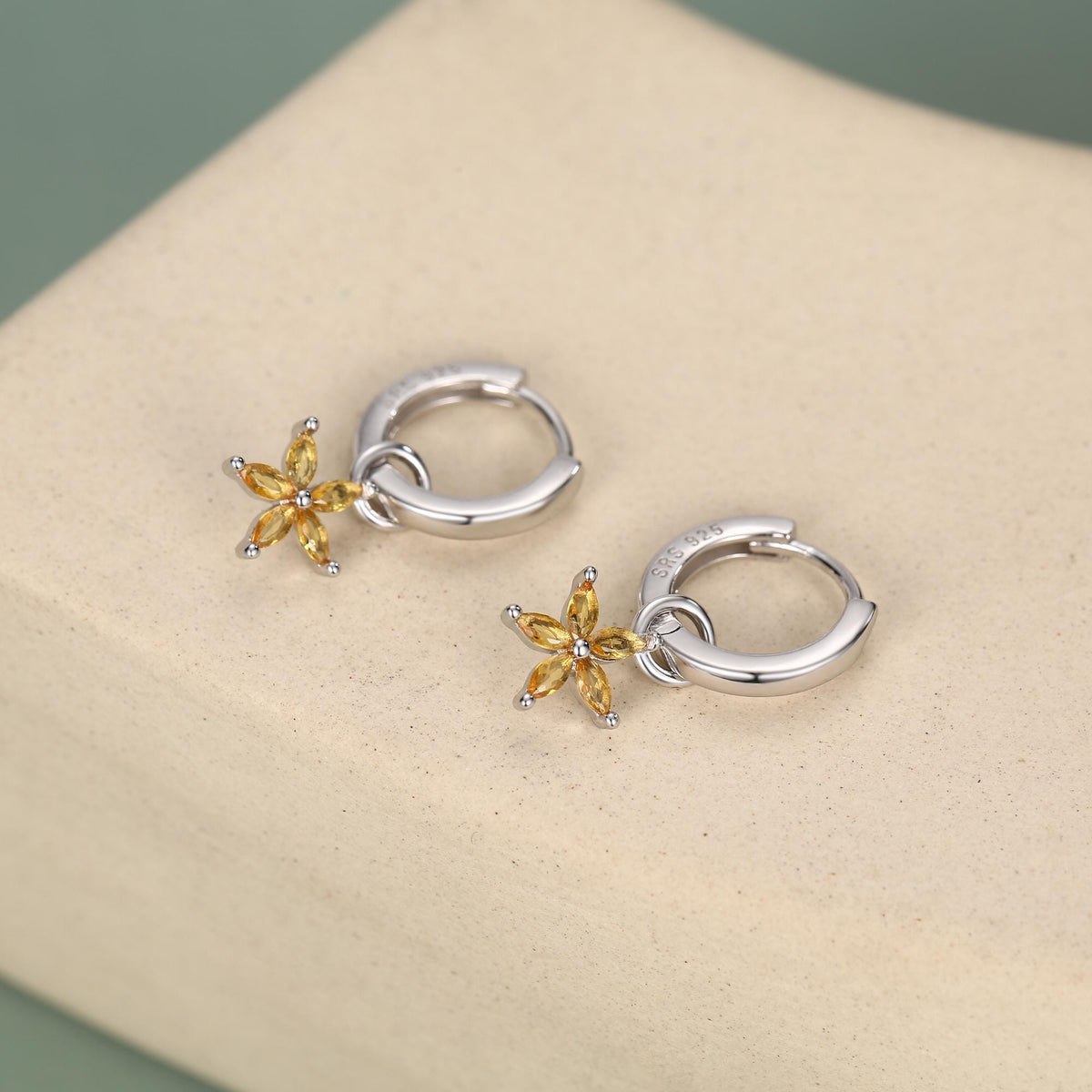 Sterling Silver Yellow CZ Flower Huggie Hoop Earrings