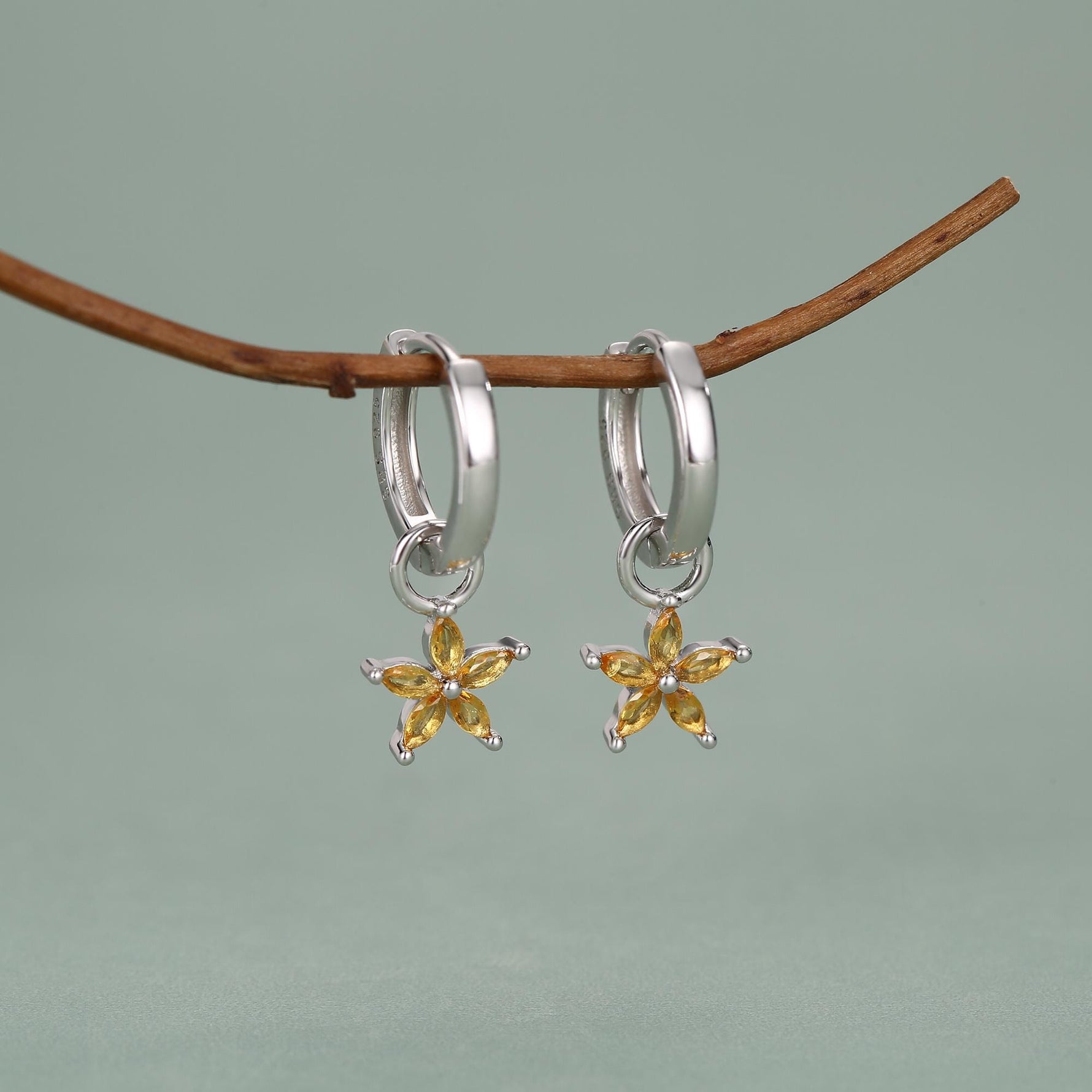 Sterling Silver Yellow CZ Flower Huggie Hoop Earrings