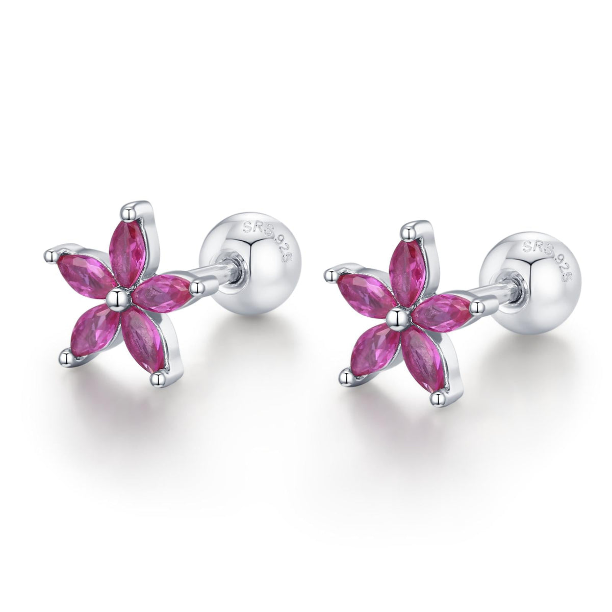 Sterling Silver Ruby Pink CZ Flower Barbell Earrings, Gold or Silver, Marquise CZ Screw Back Earrings, Stacking Earrings