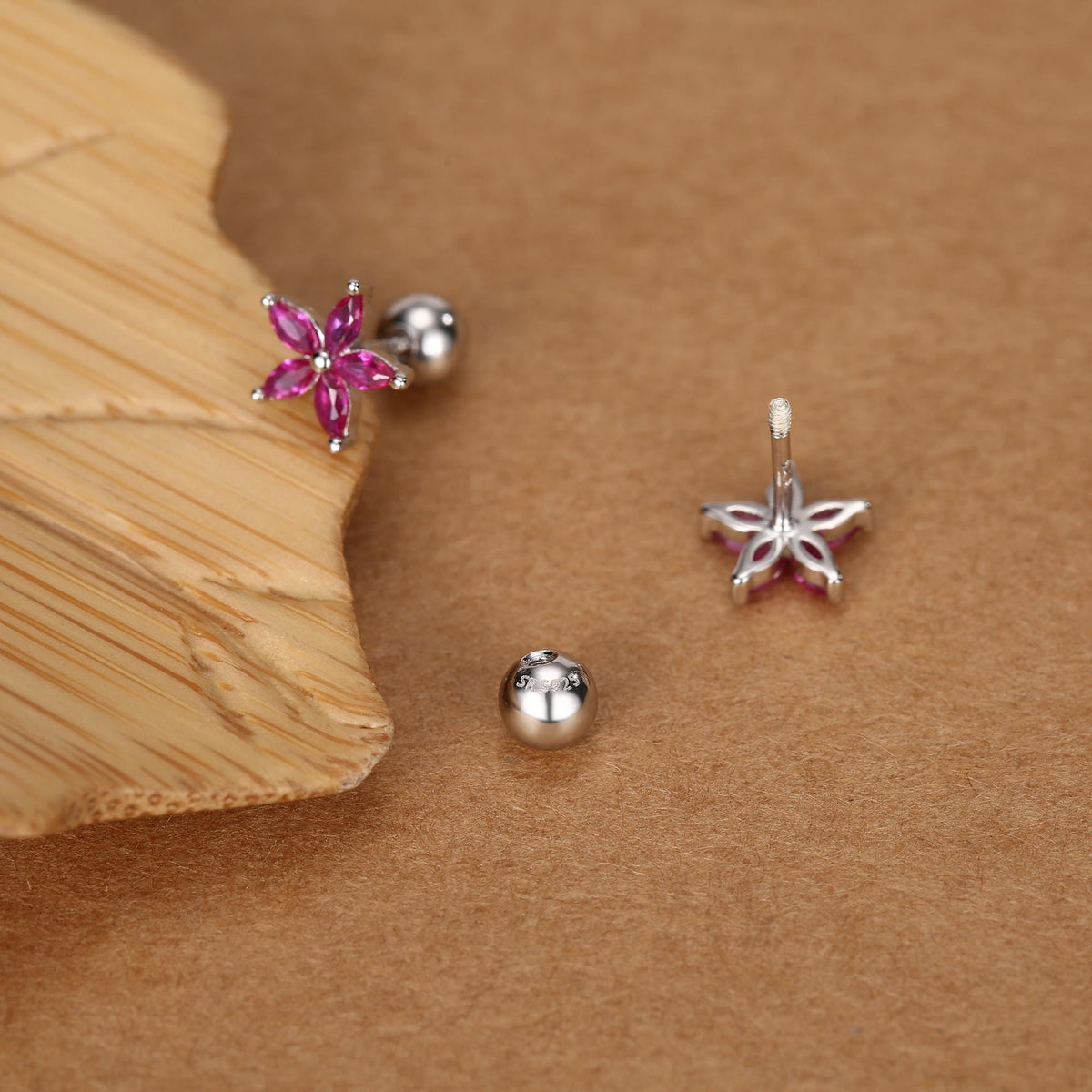 Sterling Silver Ruby Pink CZ Flower Barbell Earrings, Gold or Silver, Marquise CZ Screw Back Earrings, Stacking Earrings