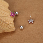 Sterling Silver Ruby Pink CZ Flower Barbell Earrings, Gold or Silver, Marquise CZ Screw Back Earrings, Stacking Earrings