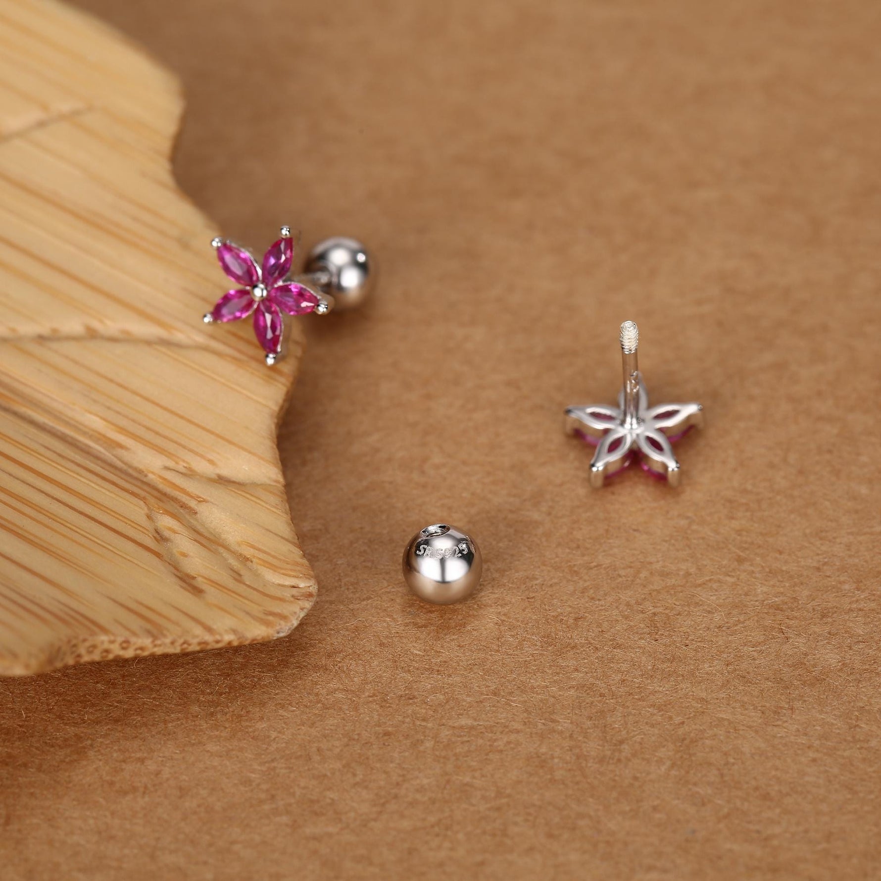 Sterling Silver Ruby Pink CZ Flower Barbell Earrings, Gold or Silver, Marquise CZ Screw Back Earrings, Stacking Earrings