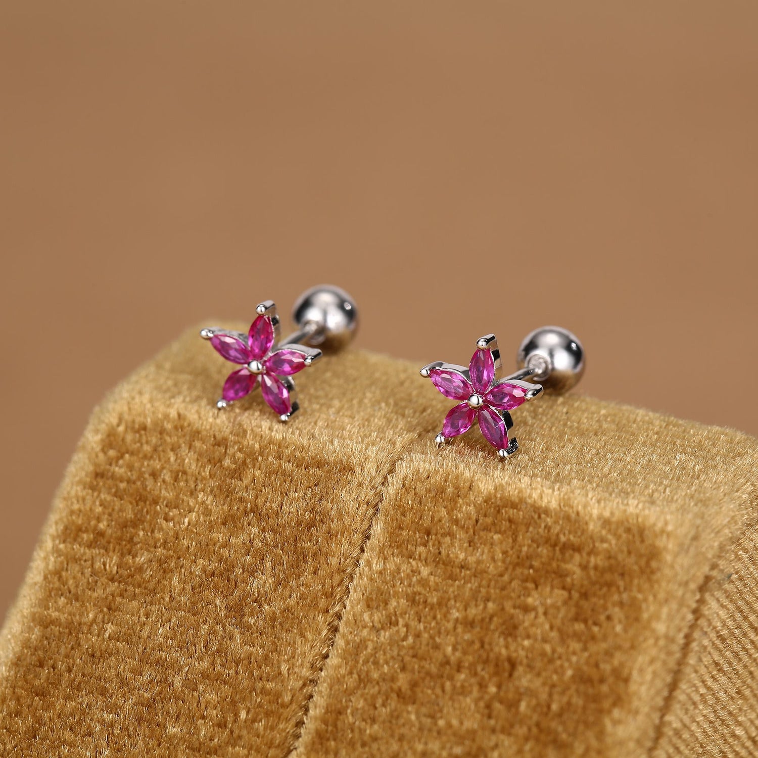Sterling Silver Ruby Pink CZ Flower Barbell Earrings, Gold or Silver, Marquise CZ Screw Back Earrings, Stacking Earrings