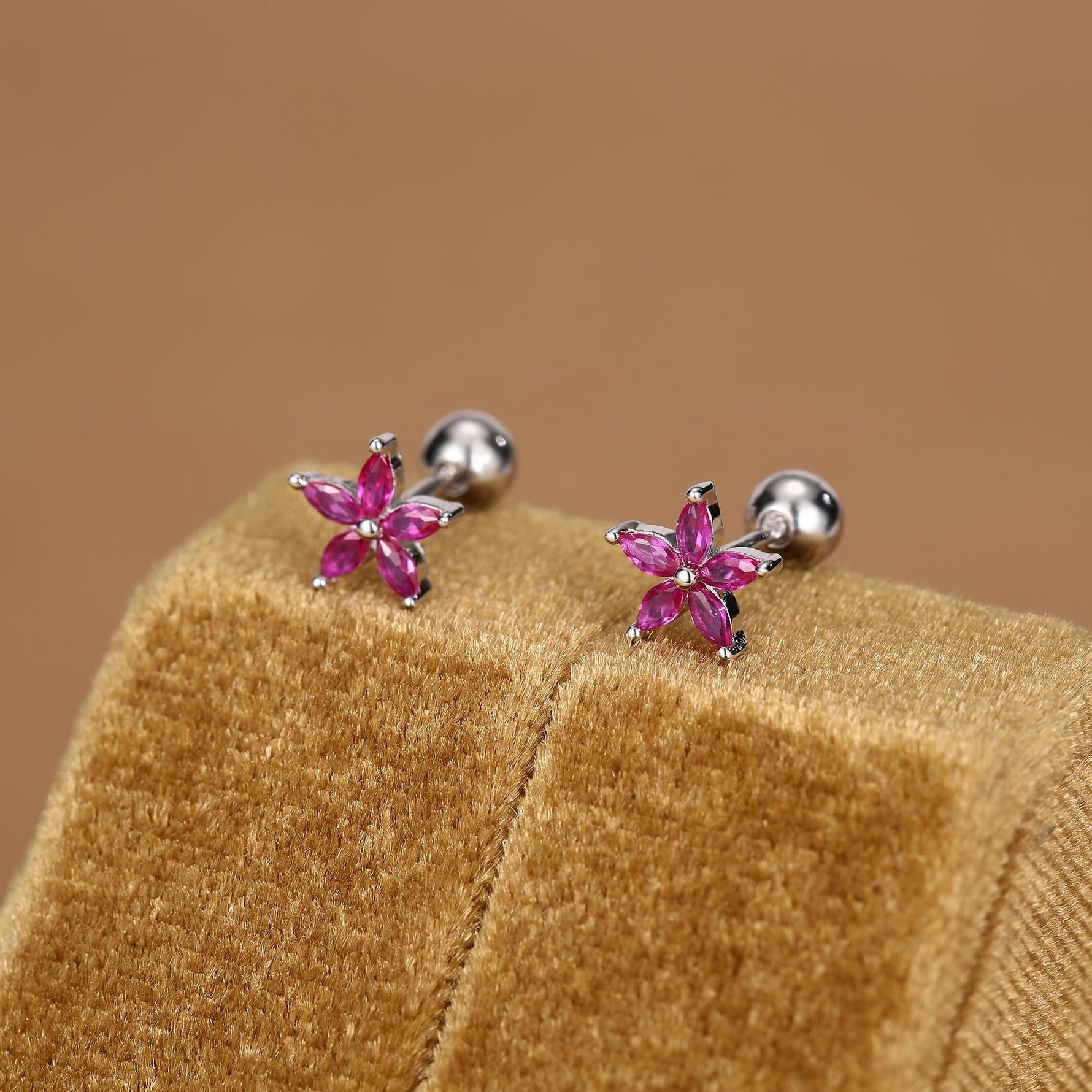 Sterling Silver Ruby Pink CZ Flower Barbell Earrings, Gold or Silver, Marquise CZ Screw Back Earrings, Stacking Earrings