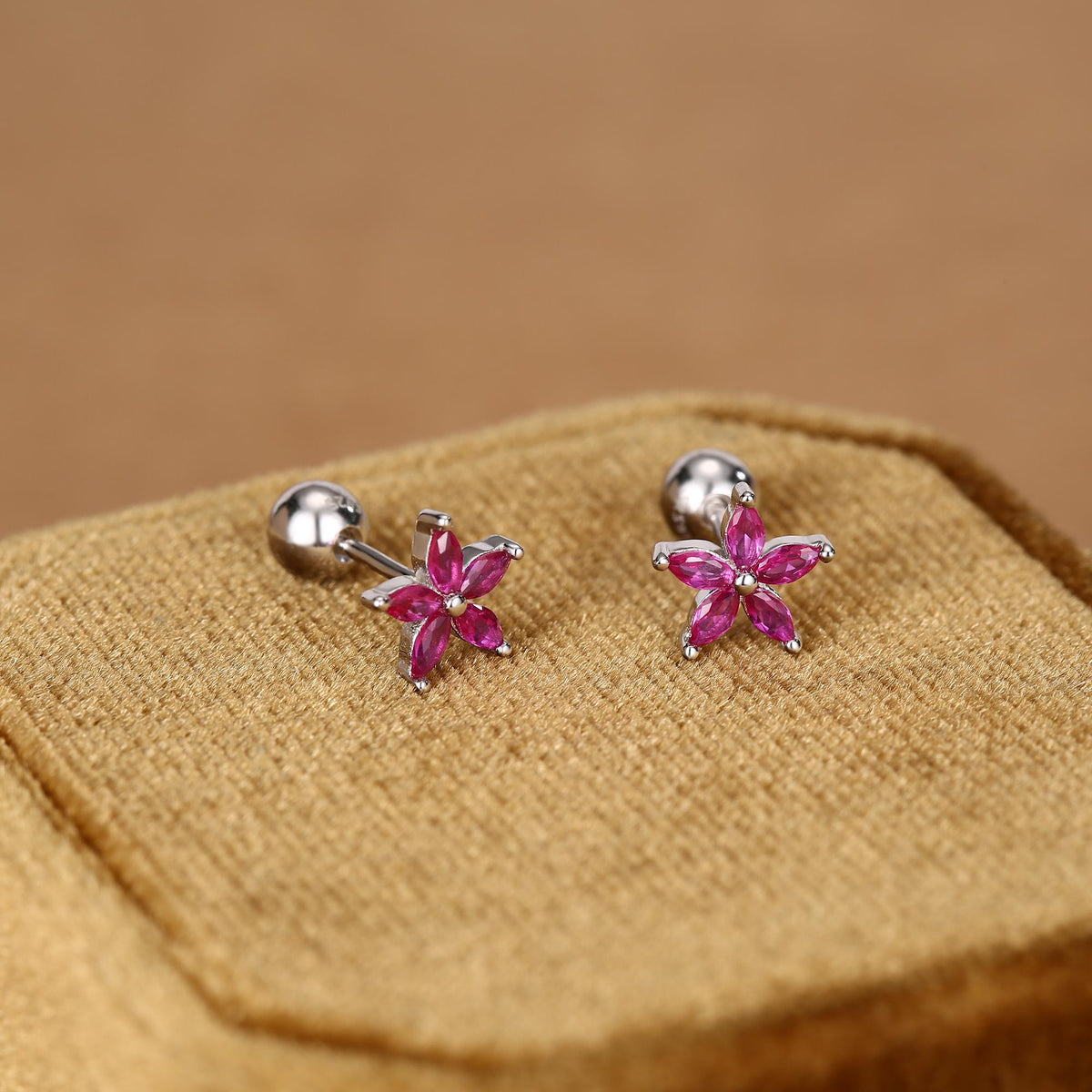 Sterling Silver Ruby Pink CZ Flower Barbell Earrings, Gold or Silver, Marquise CZ Screw Back Earrings, Stacking Earrings