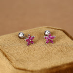 Sterling Silver Ruby Pink CZ Flower Barbell Earrings, Gold or Silver, Marquise CZ Screw Back Earrings, Stacking Earrings