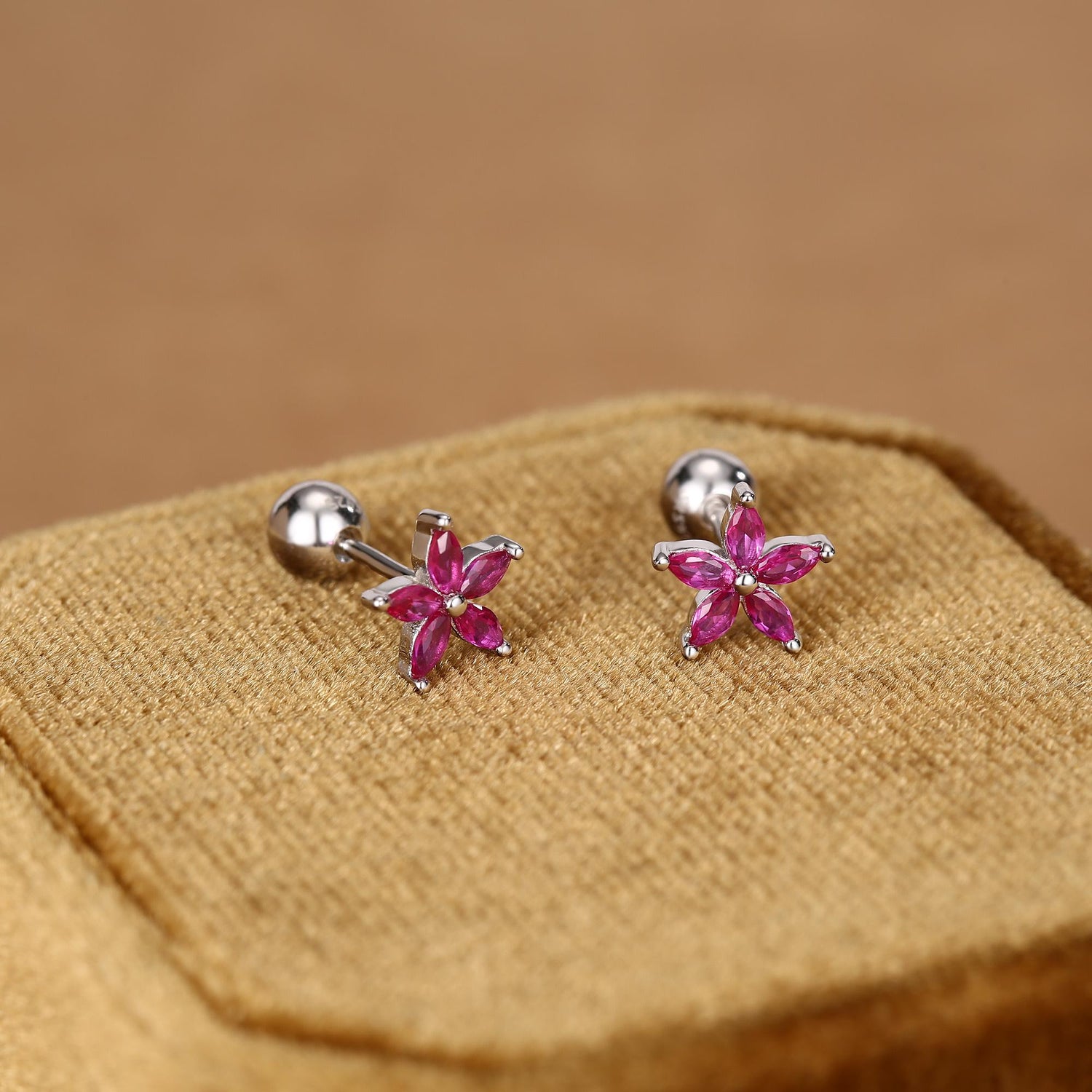 Sterling Silver Ruby Pink CZ Flower Barbell Earrings, Gold or Silver, Marquise CZ Screw Back Earrings, Stacking Earrings