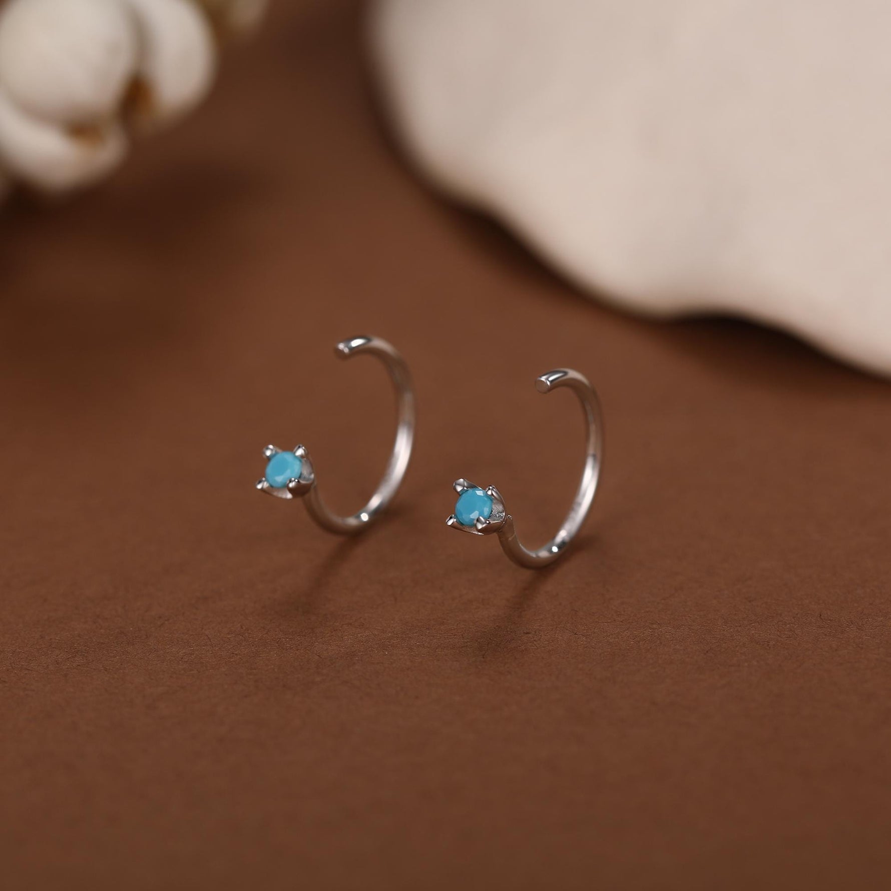 Sterling Silver 2mm Turquoise CZ Open Hoop Earrings