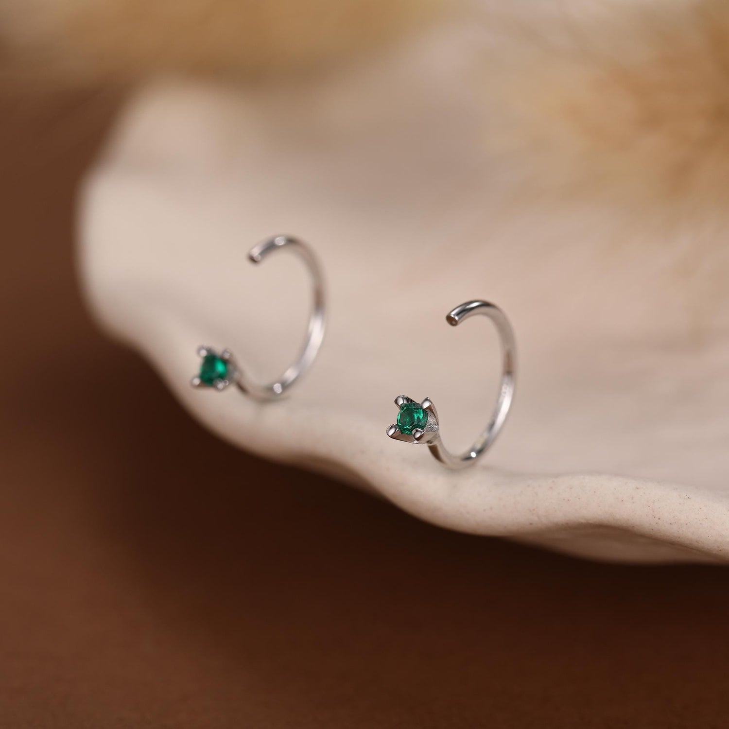 Sterling Silver Emerald Green CZ Open Hoop Earrings
