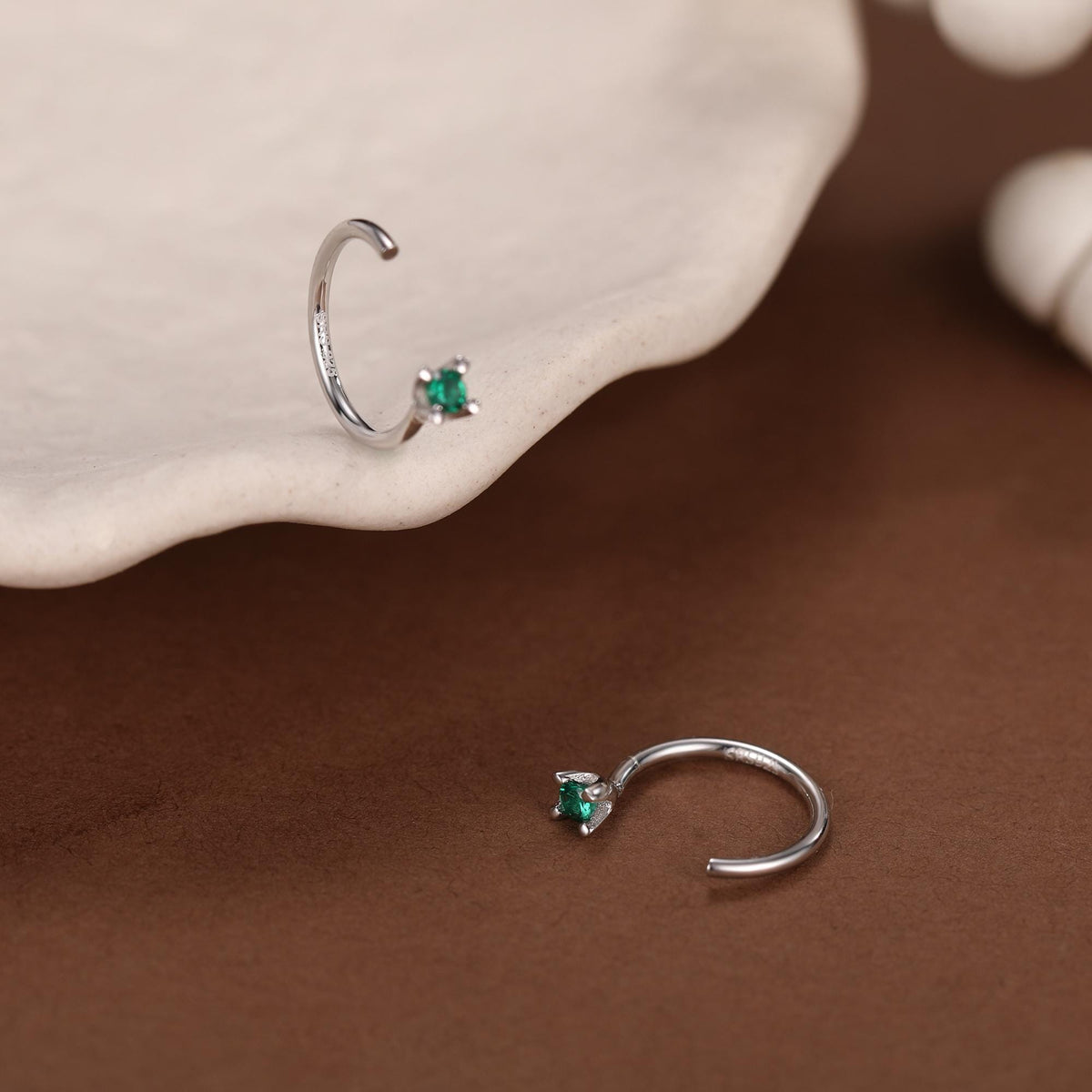 Sterling Silver Emerald Green CZ Open Hoop Earrings