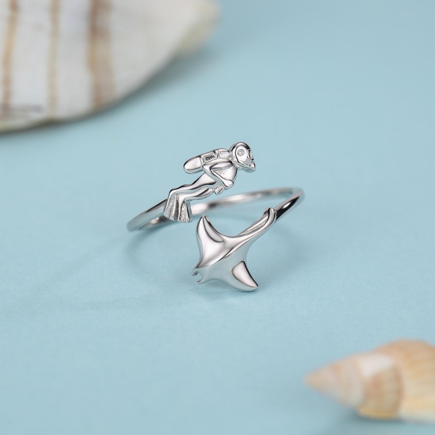 Sterling Silver Scuba Diver and Manta Ray Adjustable Ring