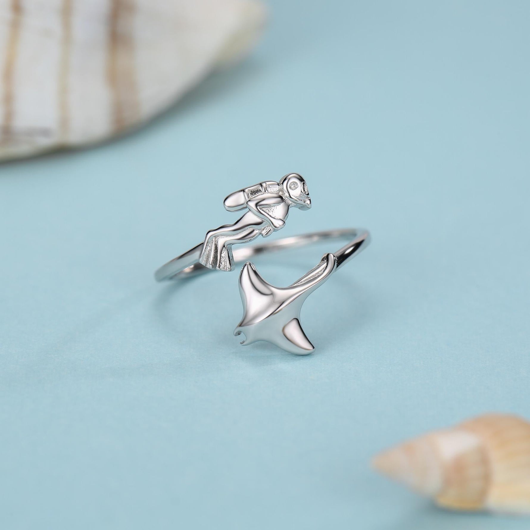 Sterling Silver Scuba Diver and Manta Ray Adjustable Ring