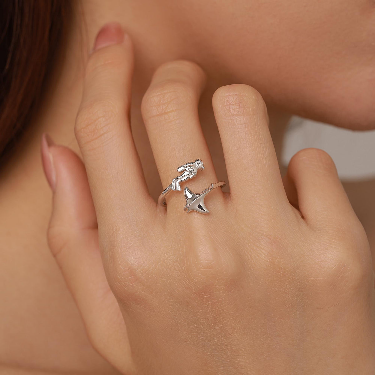 Sterling Silver Scuba Diver and Manta Ray Adjustable Ring
